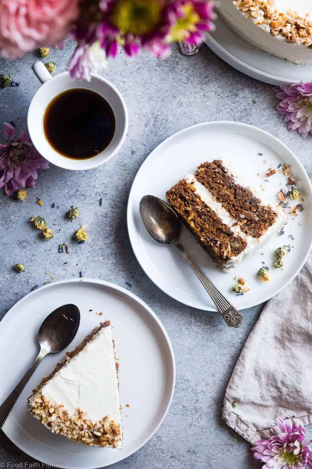 Vegan Gluten Free Dairy Free Carrot Cake - This one bowl, healthy carrot cake is SO moist and tender, you'll never know it's plant based, made without eggs and is gluten/grain/dairy/refined sugar free! Perfect for Easter! | #Foodfaitfitness | #Vegan #Easter #Glutenfree #DairyFree #Carrotcake