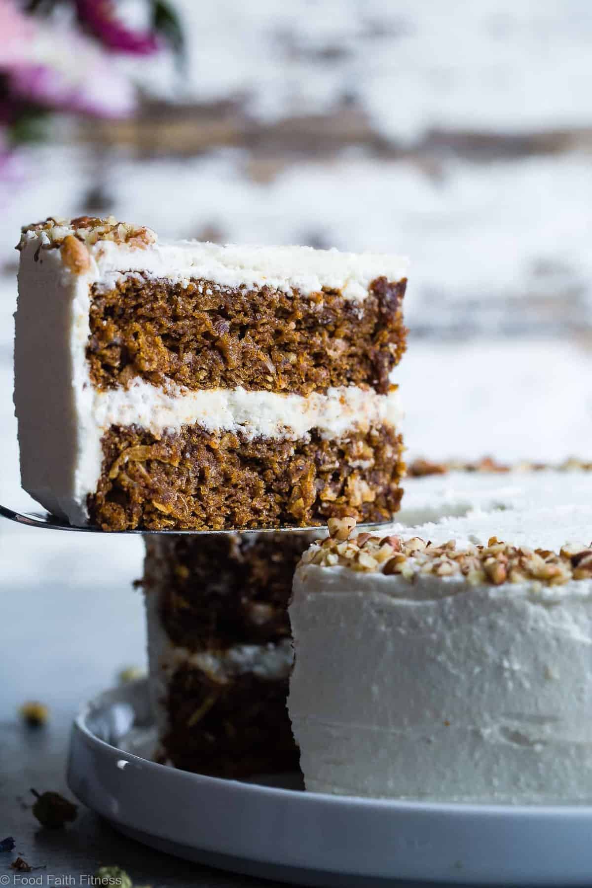 The BEST Gluten Free Vegan Carrot Cake - This one bowl, healthy carrot cake is SO moist and tender, you'll never know it's plant based, made without eggs and is gluten/grain/dairy/refined sugar free! Perfect for Easter! | #Foodfaitfitness | #Vegan #Easter #Glutenfree #DairyFree #Carrotcake