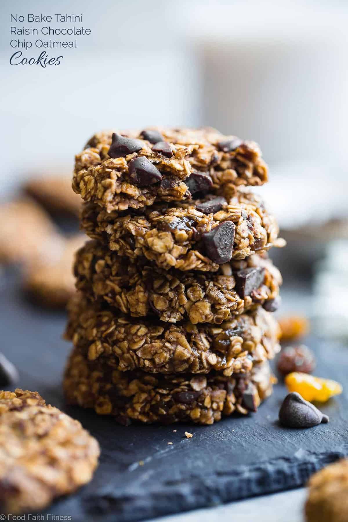 Vegan Gluten Free Oatmeal No Bake Cookies - These EASY, no bake oatmeal cookies have a surprise tahini twist, chocolate and notes of spicy cardamon and chewy golden raisins! A healthy, gluten/dairy/egg free treat for only 110 calories! | #Foodfaithfitness | #Vegan #NoBake #Healthy #ChocolateChip #Glutenfre