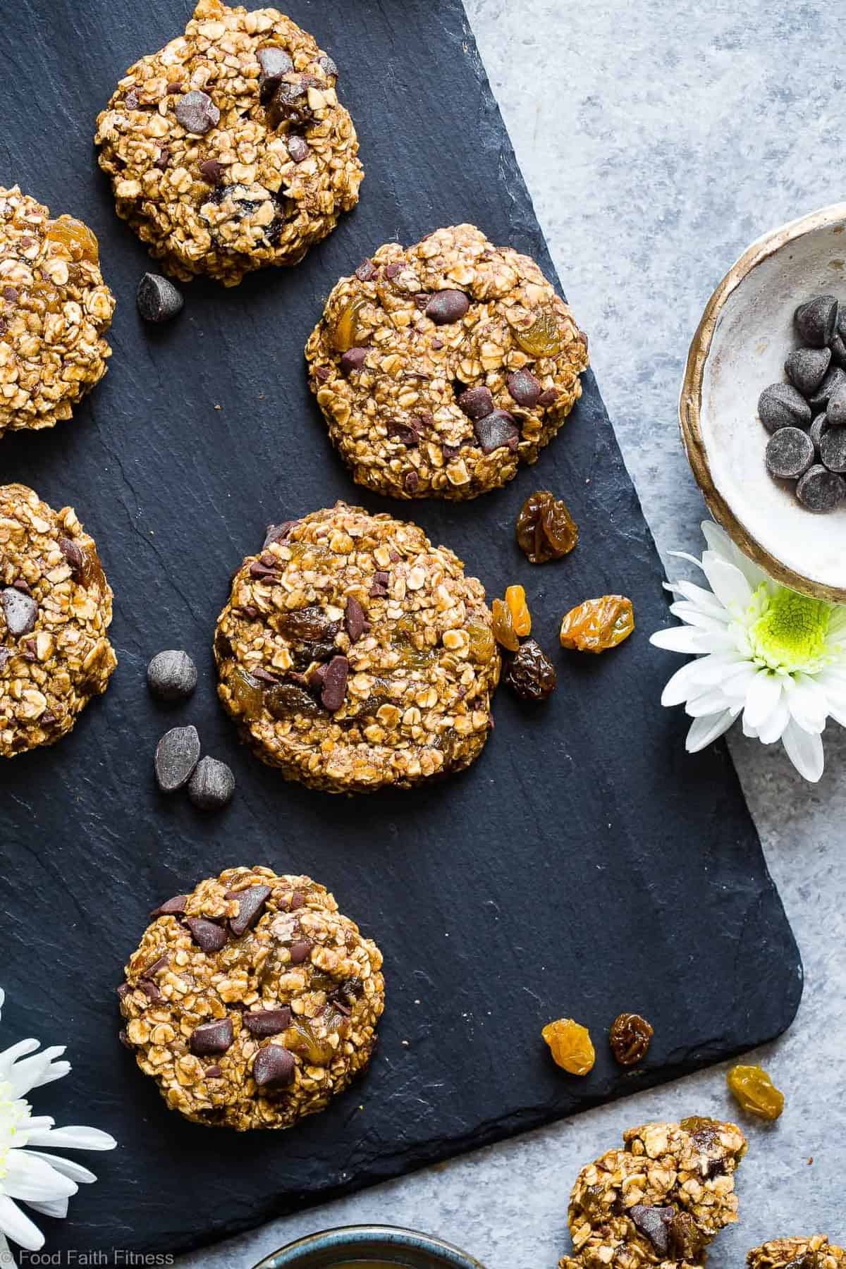 No-Bake Vegan Oatmeal Raisin, Chocolate Chip, and Tahini Cookies - These EASY, no bake oatmeal cookies have a surprise tahini twist, chocolate and notes of spicy cardamon and chewy golden raisins! A healthy, gluten/dairy/egg free treat for only 110 calories! | #Foodfaithfitness | #Vegan #NoBake #Healthy #ChocolateChip #Glutenfree
