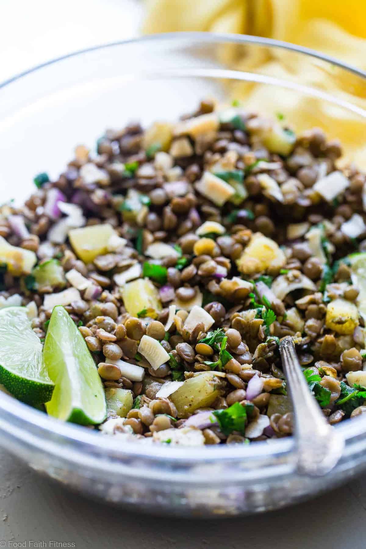 Caribbean Lentil Salad - This easy, healthy cold lentil salad recipe has a Caribbean-inspired, tropical twist! It's a vegan-friendly, gluten free meal that's packed with plant-based protein! Make-ahead friendly and great for meal prep! | #Foodfaithfitness | #Vegan #Healthy #Plantbased #Salad #Healthy