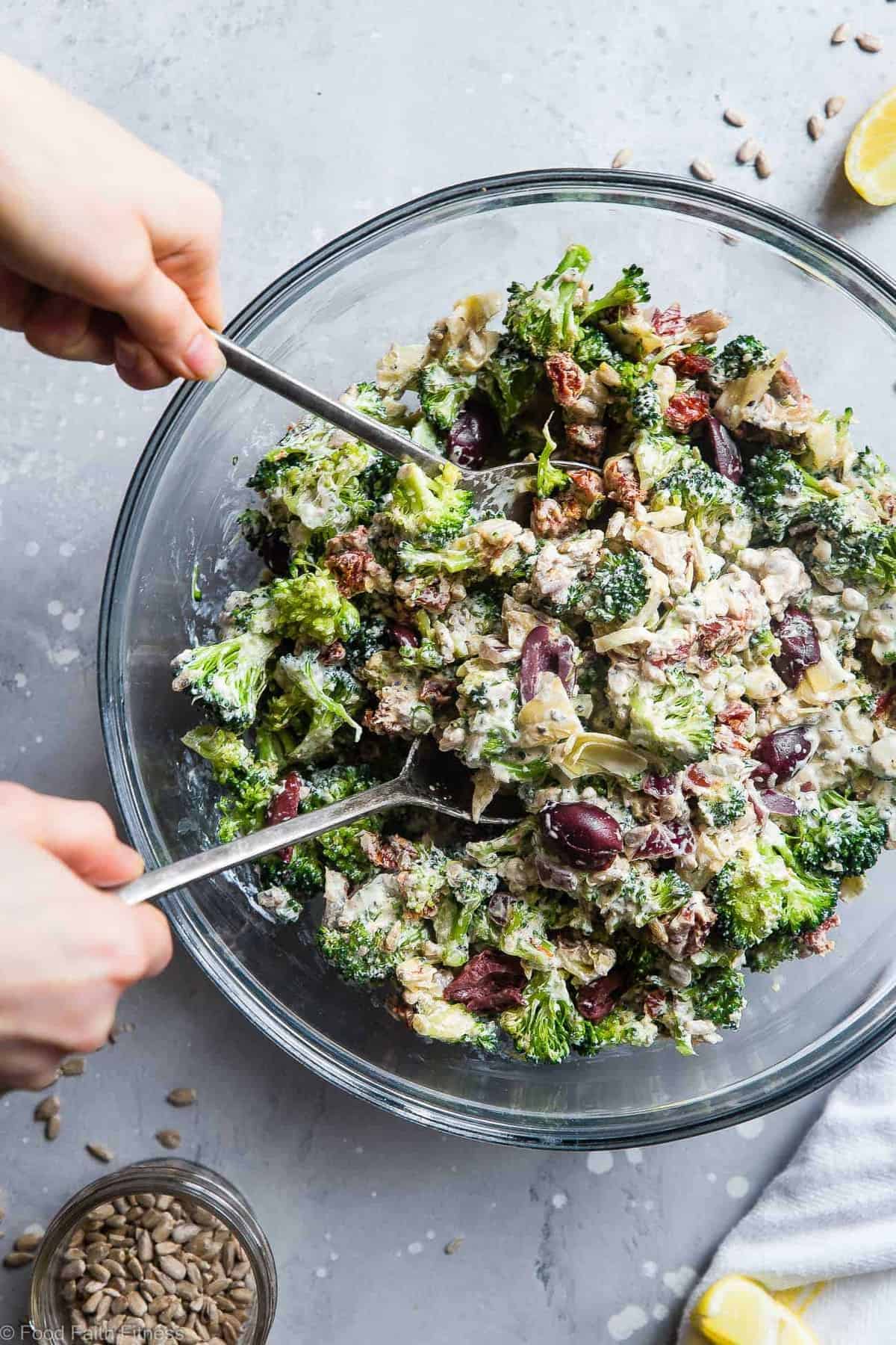 Mediterranean Low Carb Broccoli Salad - This Low Carb Broccoli Salad, with a Greek twist, is a super easy, healthy and protein packed side dish for dinner or a potluck! It's made with Greek yogurt and you won't even miss the mayo! | #Foodfaithfitness | #Lowcarb #Keto #Glutenfree #Healthy