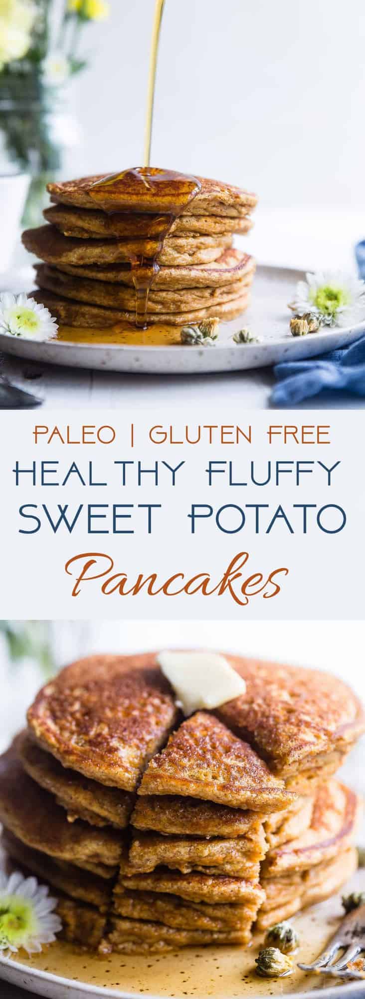 Gluten Free Paleo Sweet Potato Pancakes - SO fluffy and tender that you won't believe they're made without butter or oil! Perfect for a healthy breakfast and freezes great for busy mornings! | #Foodfaithfitness | #Glutenfree #Paleo #Healthy #Dairyfree #Pancakes