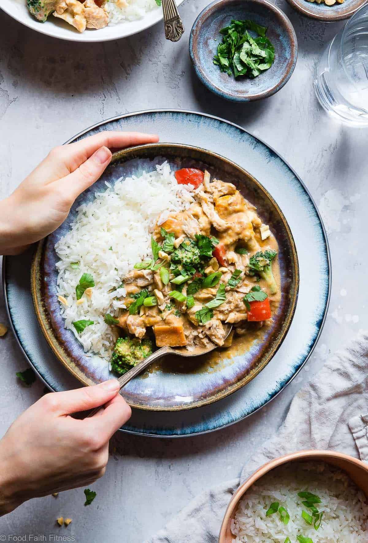 Easy Crockpot Thai Peanut Butter Chicken Curry - The slow cooker does all the work for you in this EASY, weeknight family-friendly dinner that is gluten and dairy free and packed protein. Great for meal prep too! | #Foodfaithfitness | #Glutenfree #Dairyfree #Slowcooker #Crockpot #Healthy 