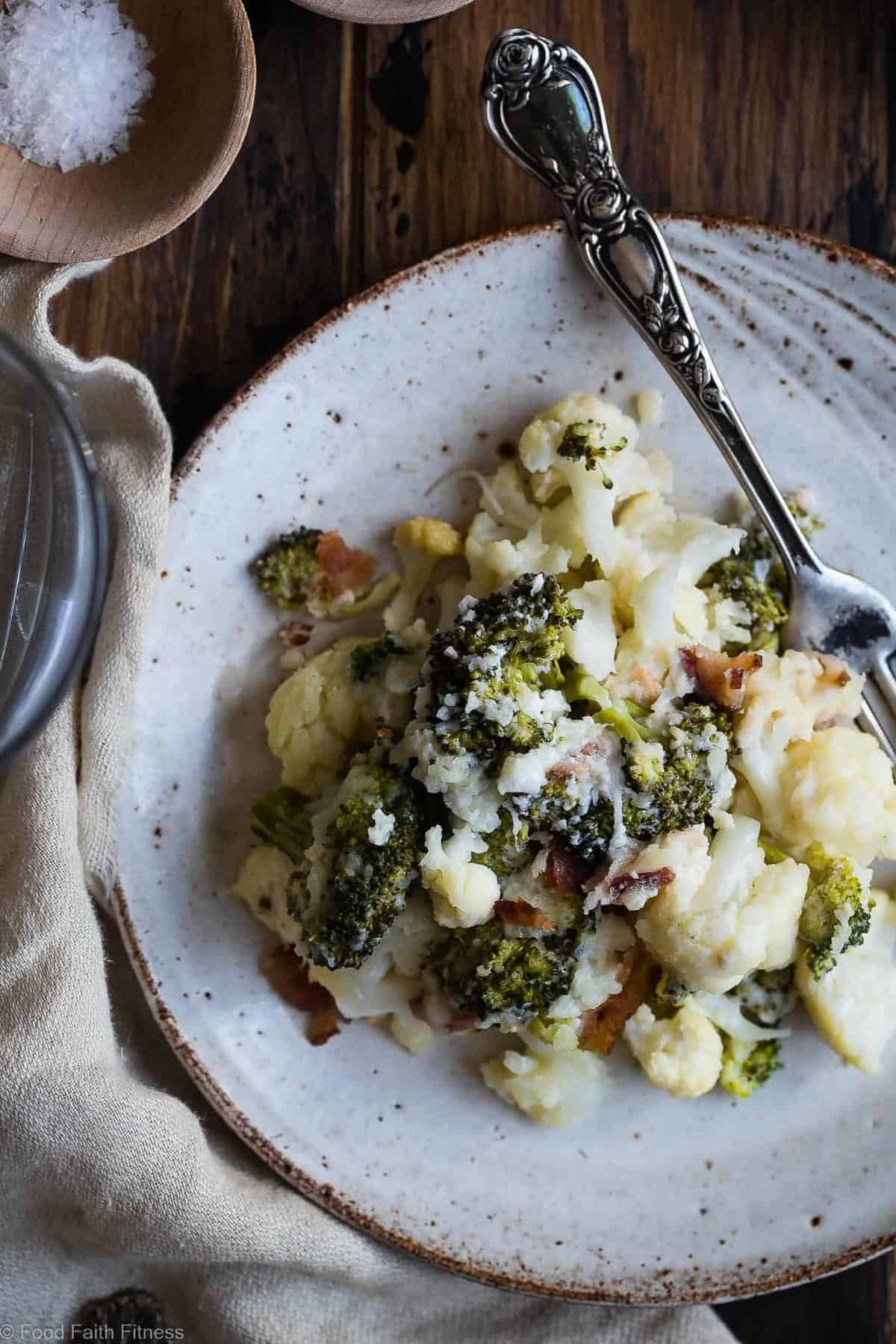 Easy Cheesy Loaded Broccoli Cauliflower Casserole - THE side dish that will make your family love vegetables - even picky eaters! Low carb, gluten/grain/sugar free and keto friendly too! | #Foodfaithfitness | #Glutenfree #Keto #Lowcarb #Cauliflower #Healthy