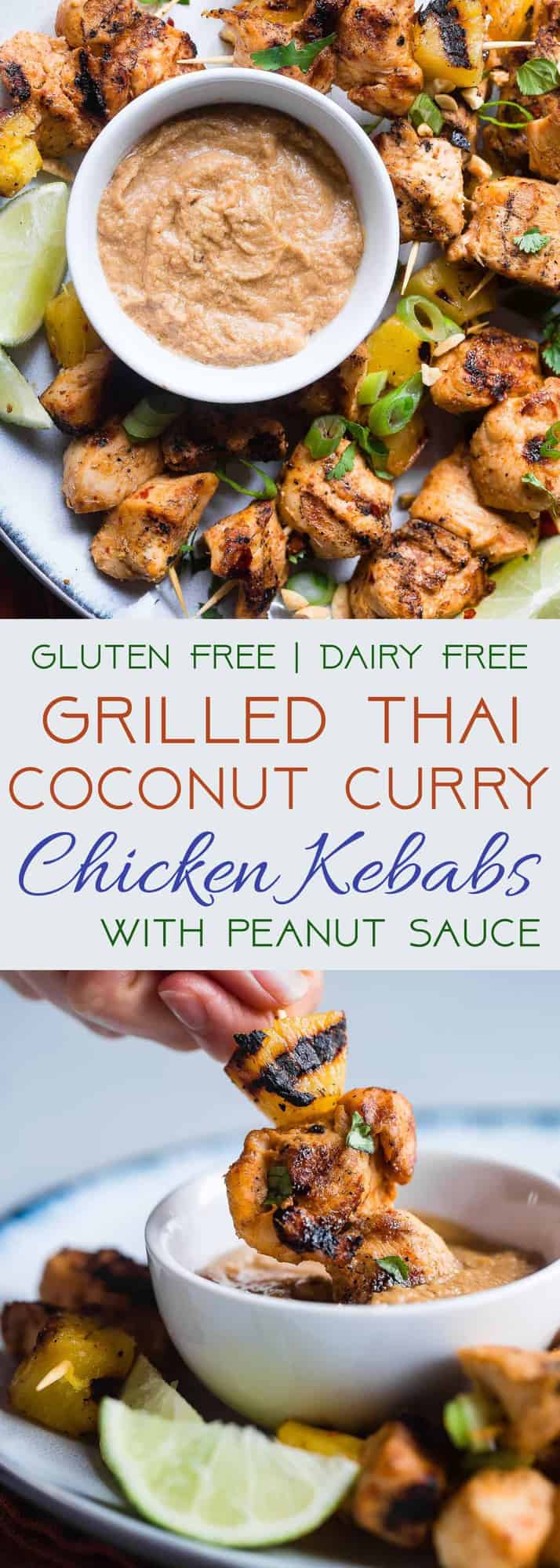 Grilled Pineapple Thai Chicken Skewers with Peanut Sauce - Addictingly spicy, with just a bit of smoky and sweet! The perfect healthy, gluten free dinner for summer with a paleo option! | #Foodfaithfitness | #Glutenfree #Paleo #Healthy #Dairyfree #Chicken