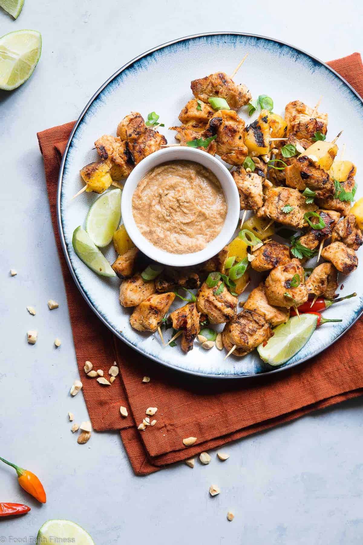 Pineapple Thai Grilled Chicken Skewers with Peanut Sauce - Addictingly spicy, with just a bit of smoky and sweet! The perfect healthy, gluten free dinner for summer with a paleo option! | #Foodfaithfitness | #Glutenfree #Paleo #Healthy #Dairyfree #Chicken