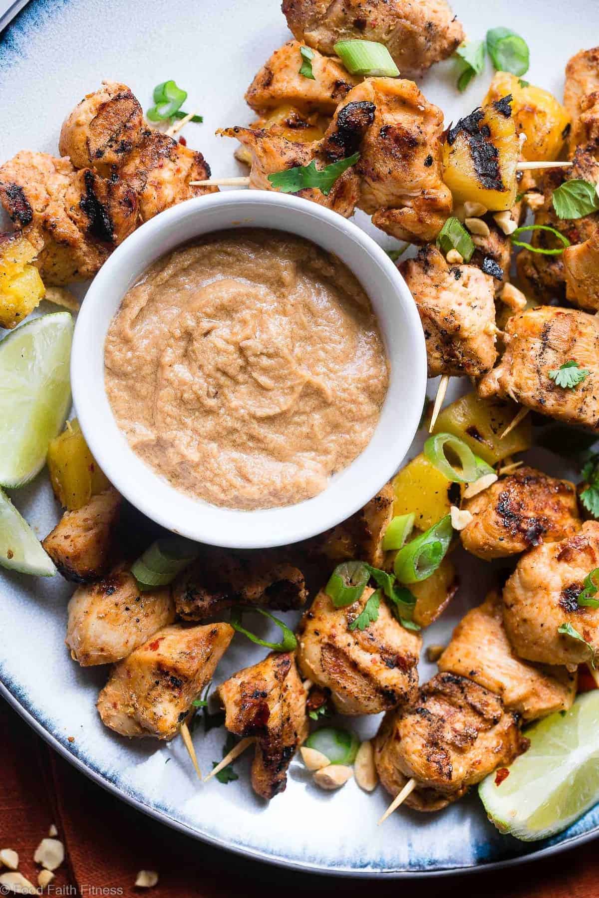 Grilled Pineapple Thai Chicken Skewers with Peanut Sauce - Addictingly spicy, with just a bit of smoky and sweet! The perfect healthy, gluten free dinner for summer with a paleo option! | #Foodfaithfitness | #Glutenfree #Paleo #Healthy #Dairyfree #Chicken