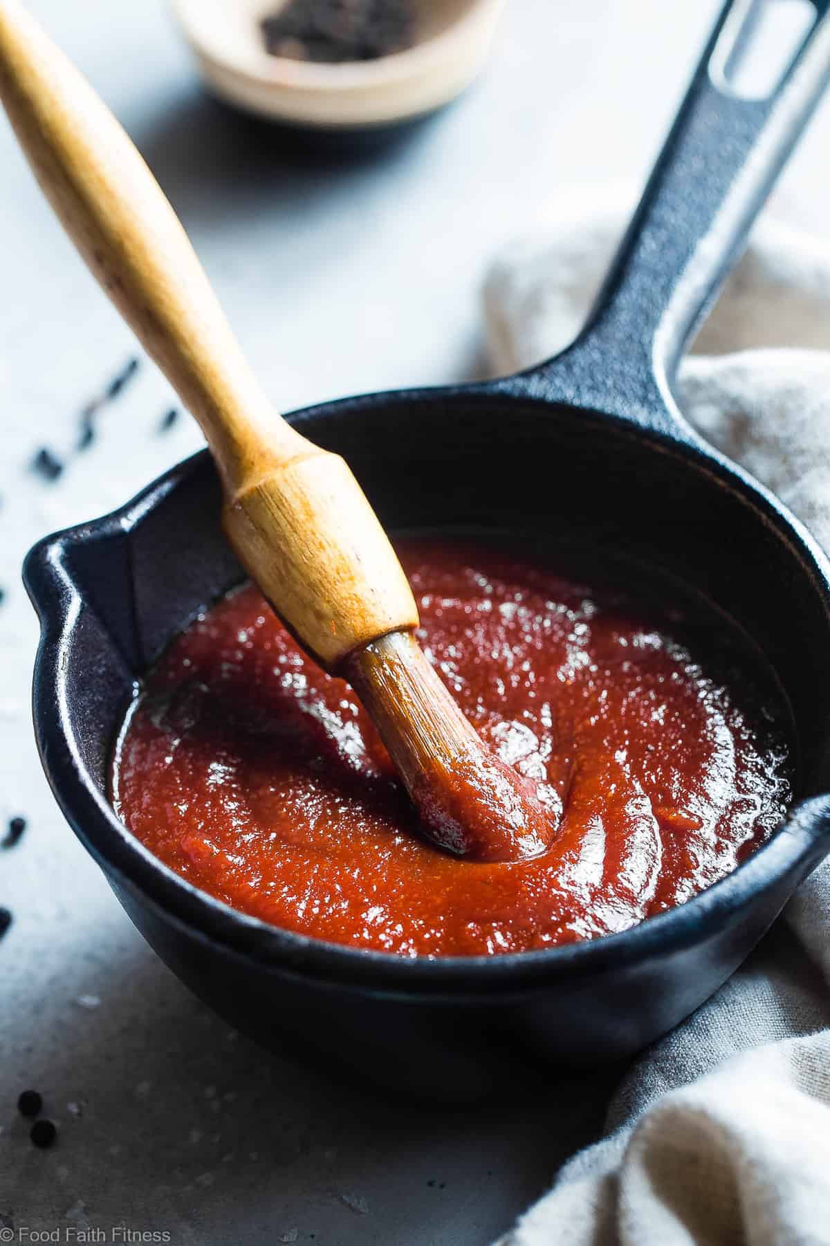 close up of sugar free bbq sauce in a small iron pan