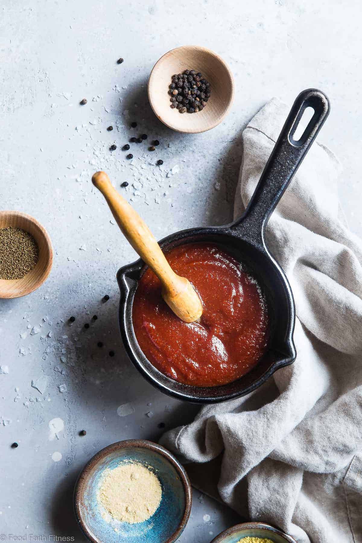 Sugar free bbq sauce over view in a small pan with sauce brush