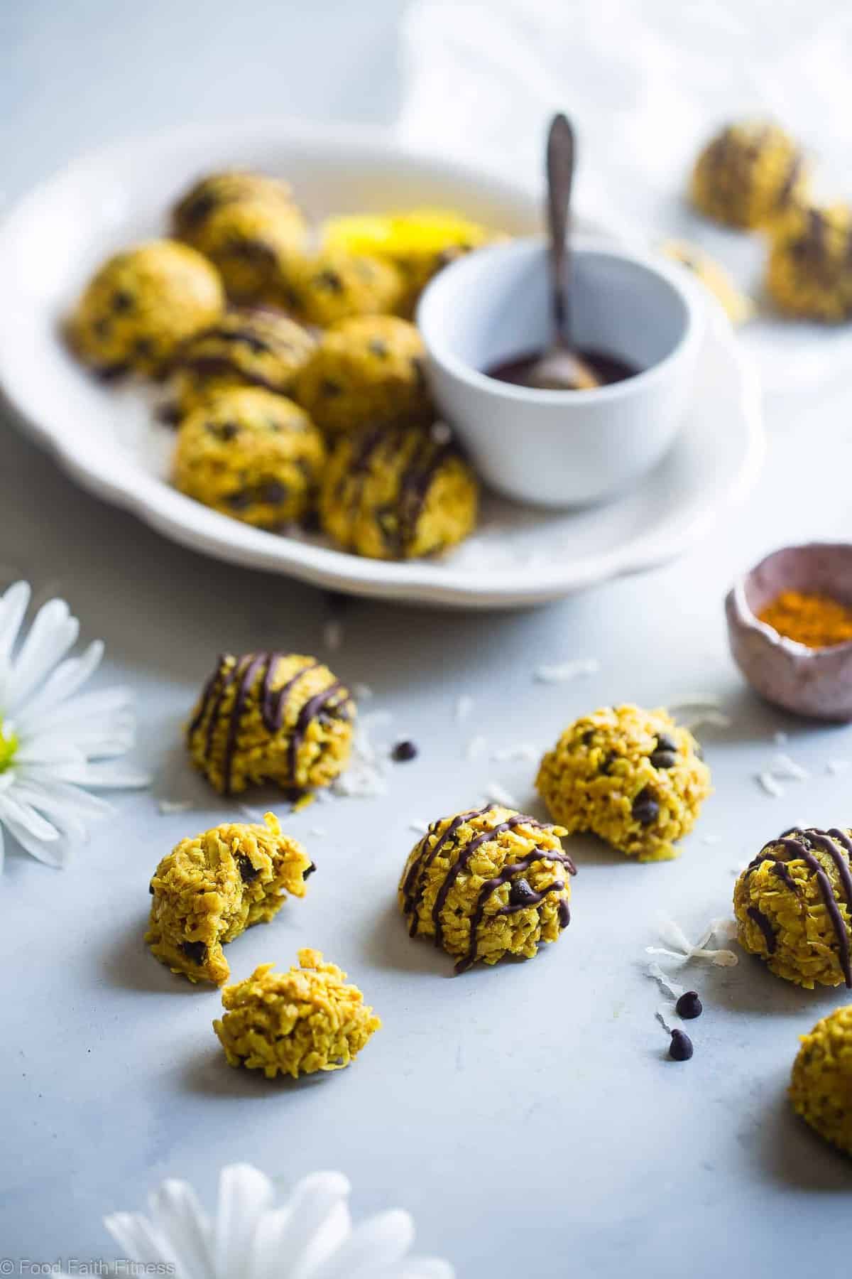 Healthy No Bake Cookies with Coconut Oil -  These easy, 6 ingredient cookies have addicting spicy-sweet flavors from turmeric, almond butter and chocolate chips! They're a paleo, vegan and gluten free treat that is secretly anti-inflammatory! | #Foodfaithfitness | #Paleo #Vegan #Glutenfree #Dairyfree #Healthy