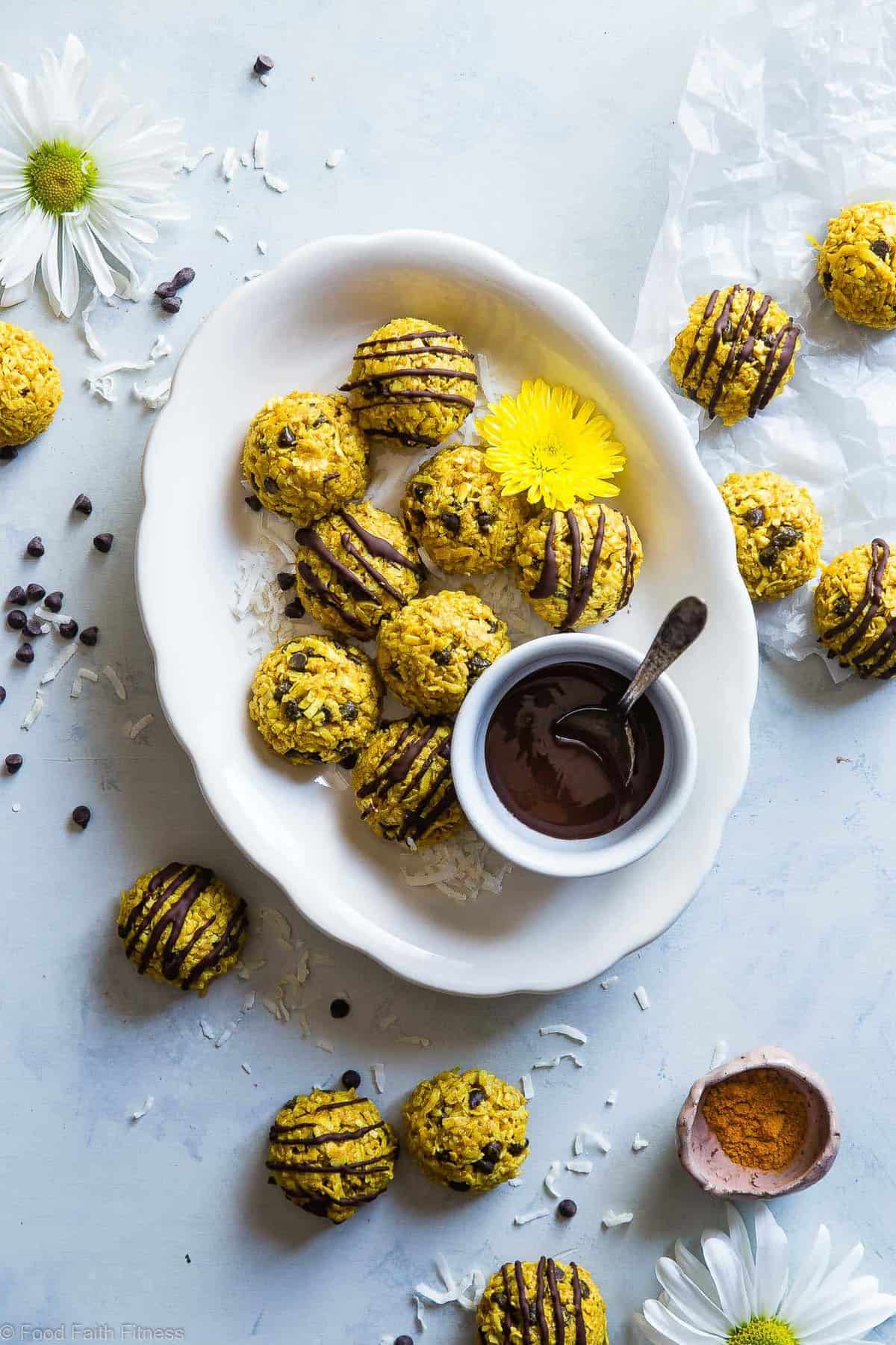 Healthy No Bake Cookies with Coconut Oil -  These easy, 6 ingredient cookies have addicting spicy-sweet flavors from turmeric, almond butter and chocolate chips! They're a paleo, vegan and gluten free treat that is secretly anti-inflammatory! | #Foodfaithfitness | #Paleo #Vegan #Glutenfree #Dairyfree #Healthy