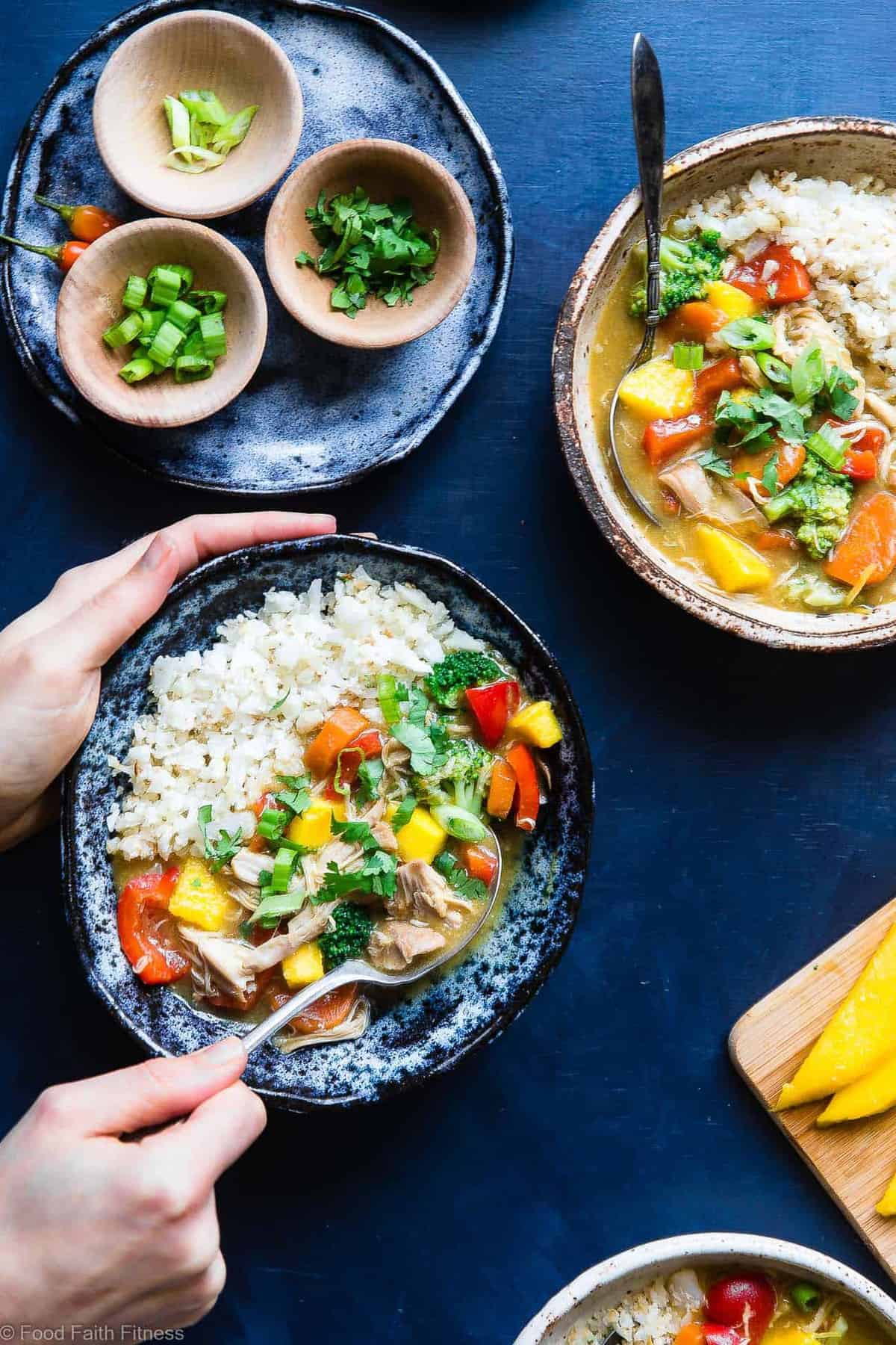 Whole30 Slow Cooker Mango Chicken Curry- An easy, healthy family-friendly weeknight dinner where the slow cooker does all the work for you! Gluten free and paleo/whole30 compliant too! Makes DELICIOUS leftovers for meal prep! | #Foodfaithfitness | #Glutenfree #Healthy #Paleo #Whole30 #Curry