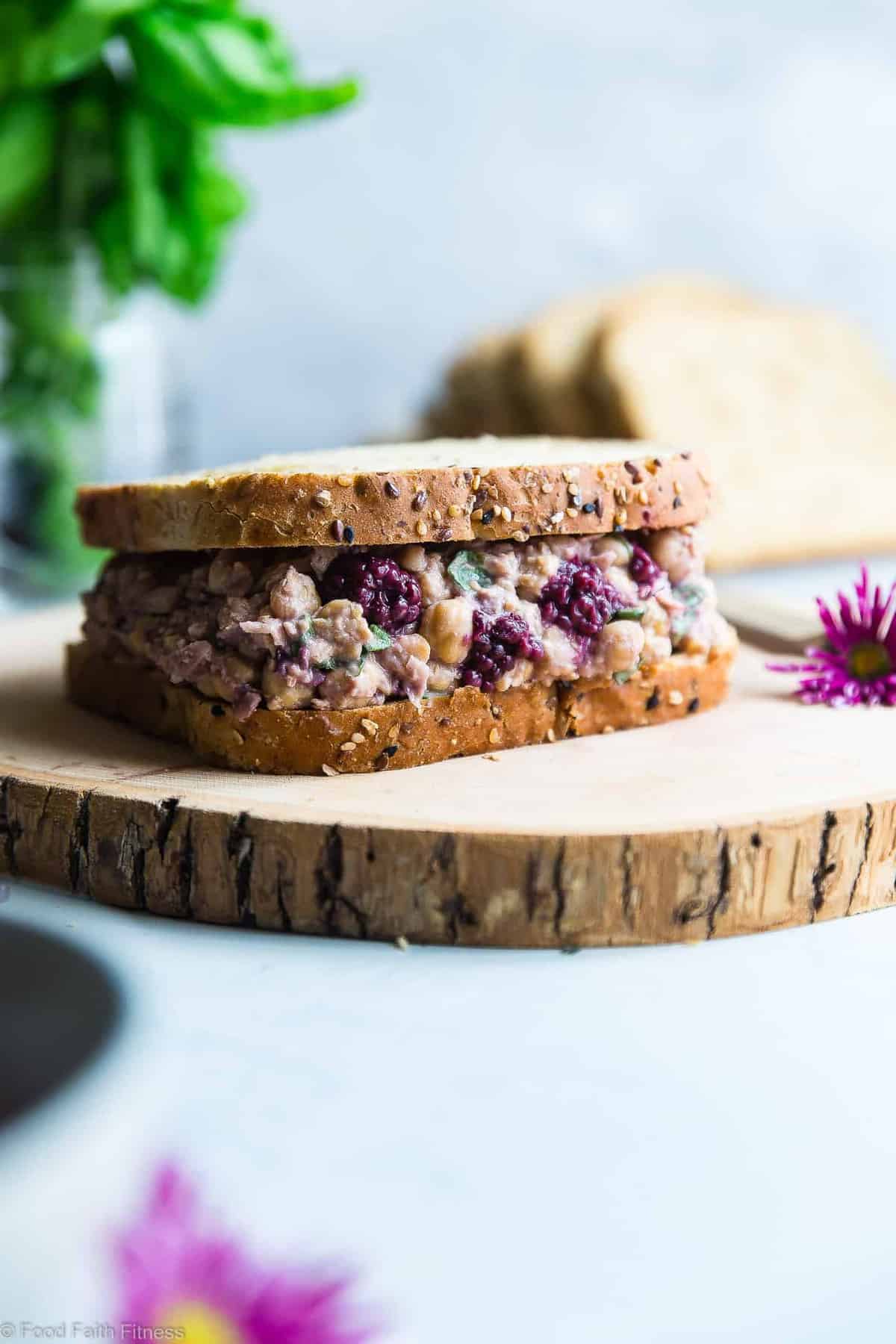 Blackberry Balsamic Vegan Chickpea Salad Sandwich - This simple sandwich has tangy notes of balsamic vinegar, sweet blackberries and fresh basil! It's a healthy, dairy and gluten free lunch that's packed with plant protein and fiber to keep you FULL! | #Foodfaithfitness | #Glutenfree #Vegan #Healthy #MealPrep #Dairyfree