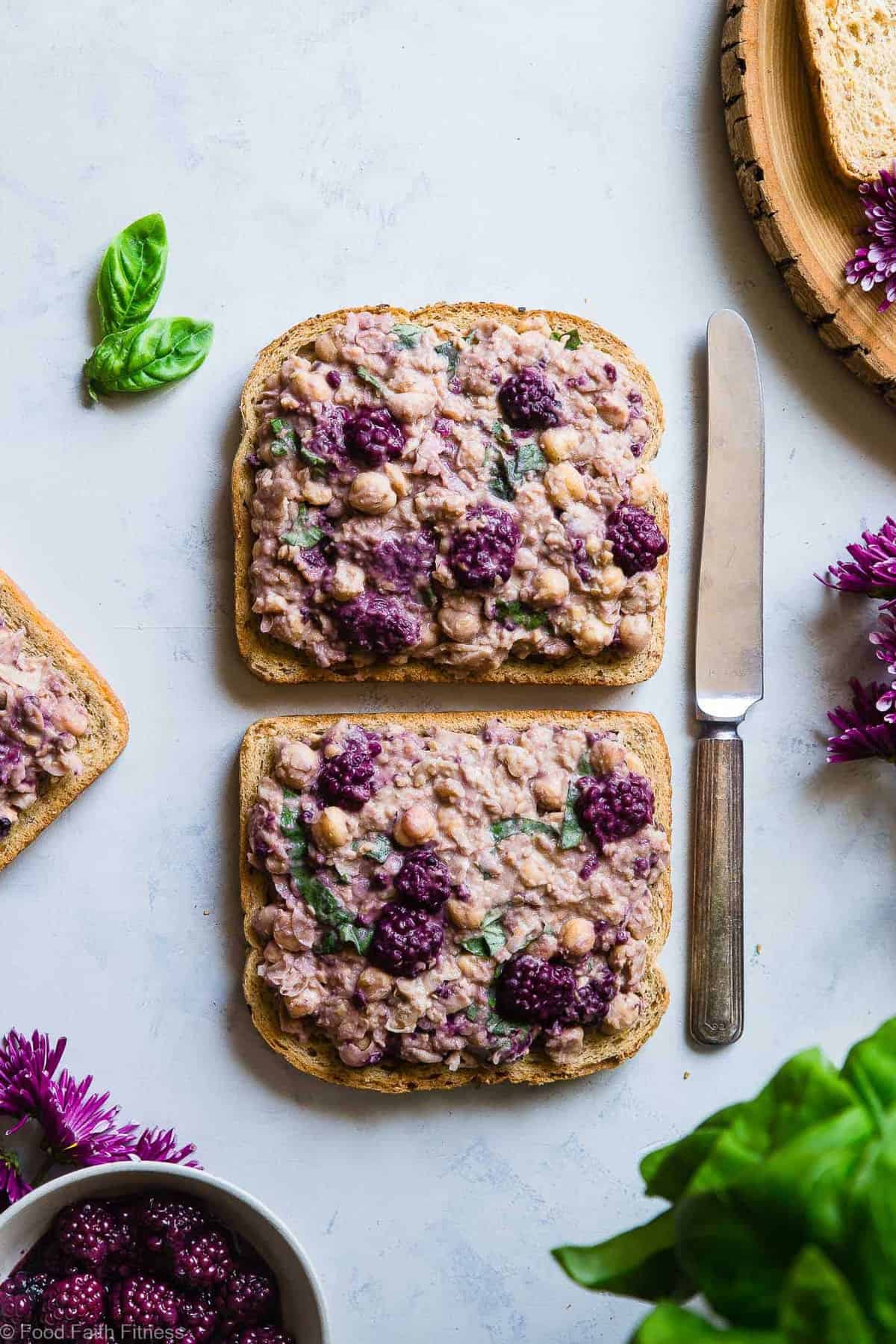 Blackberry Balsamic Vegan Chickpea Salad Sandwich - This simple sandwich has tangy notes of balsamic vinegar, sweet blackberries and fresh basil! It's a healthy, dairy and gluten free lunch that's packed with plant protein and fiber to keep you FULL! | #Foodfaithfitness | #Glutenfree #Vegan #Healthy #MealPrep #Dairyfree
