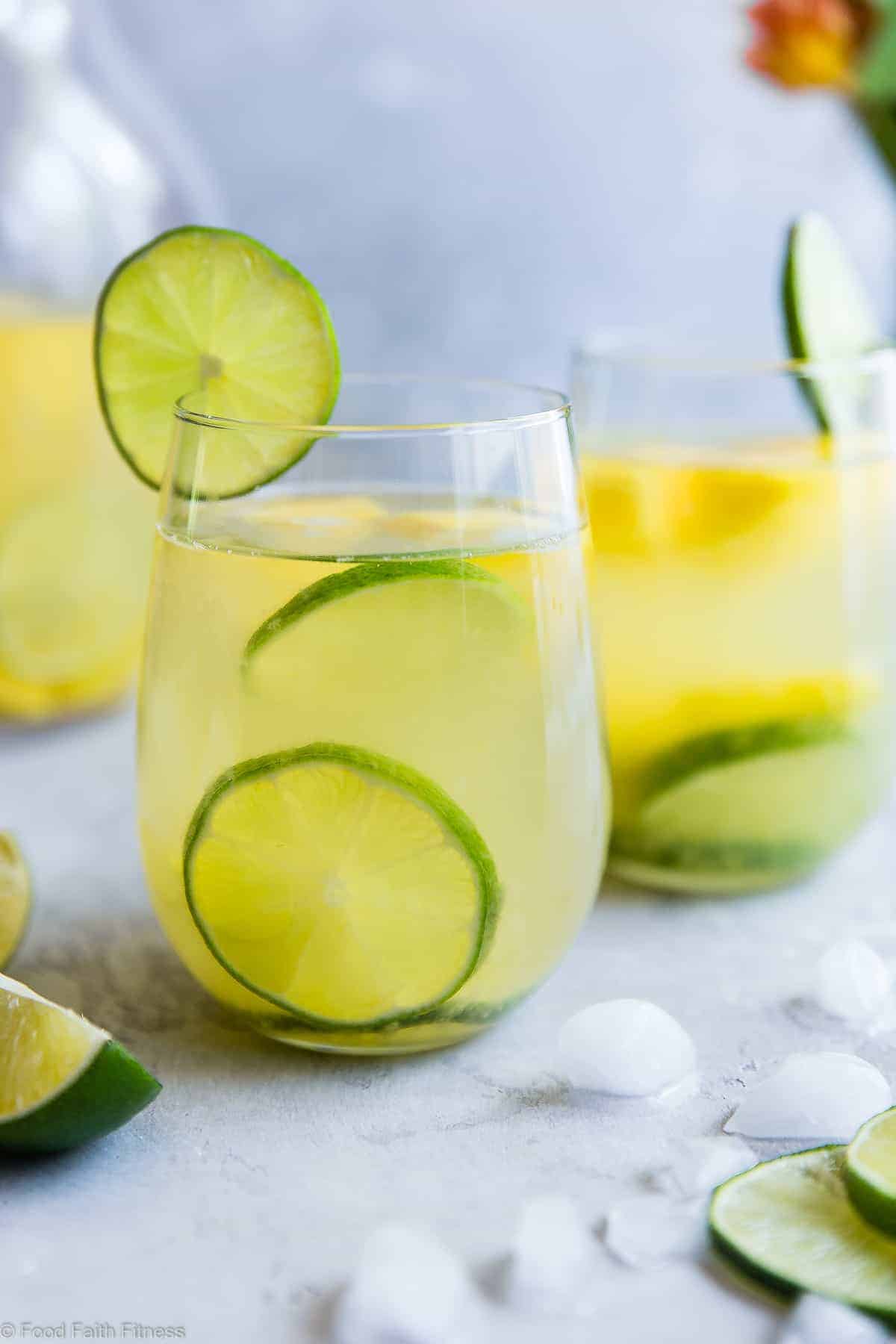 close up of moscato sangria in a glass with lime