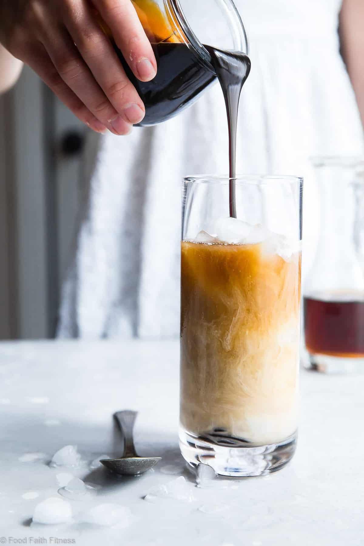 Paleo Homemade Caramel Vanilla Iced Coffee - Tastes WAY better than the coffee shop, is under 200 calories and is SO easy to make! Paleo and vegan friendly and gluten/grain/dairy/refined sugar free too! | #Foodfaithfitness | #Vegan #Paleo #Healthy #Glutenfree #Dairyfree