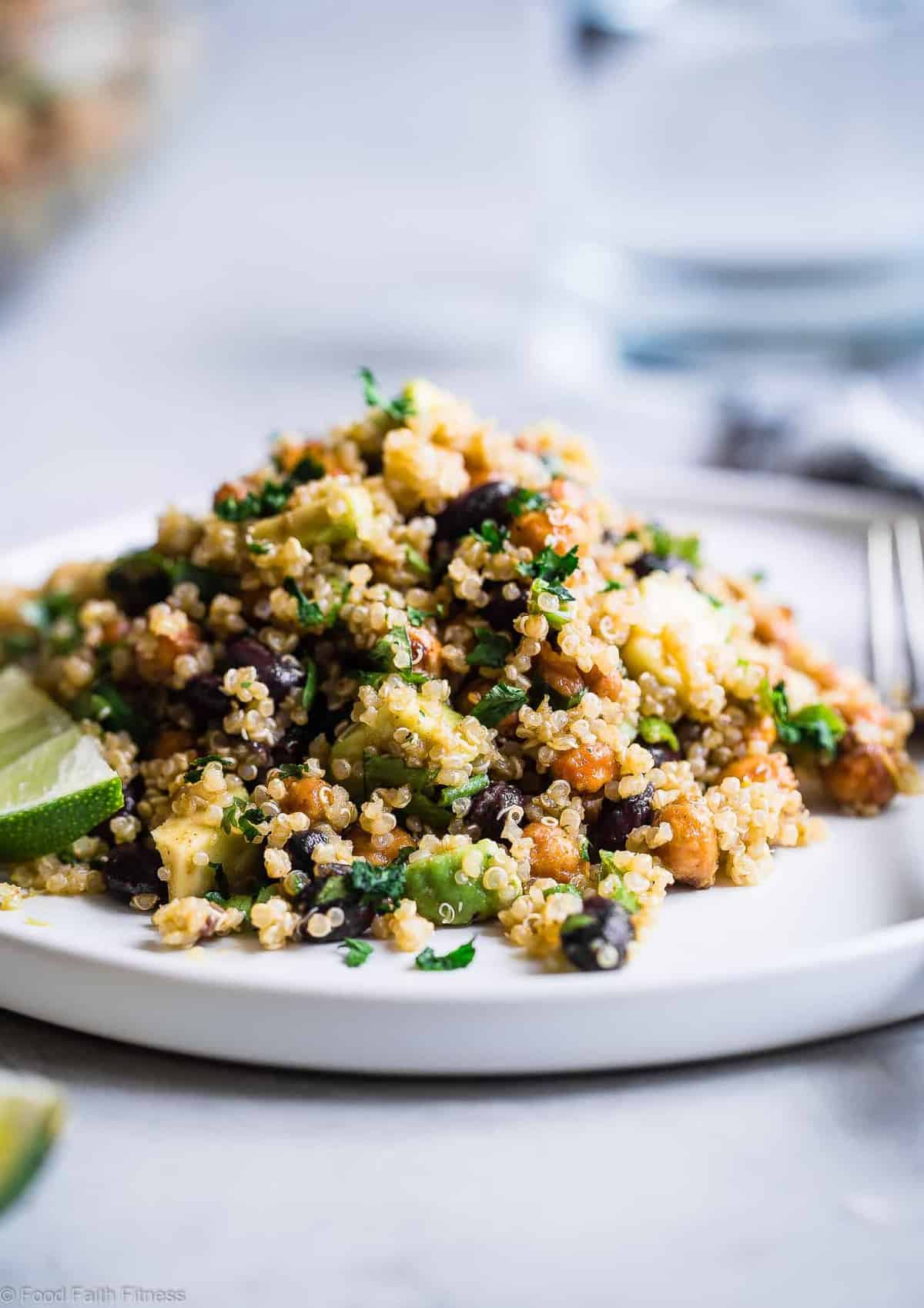 Mexican Quinoa Chickpea Avocado Salad with Black Beans - This EASY quinoa salad is going to be your new favorite side or potluck recipe! It's healthy, gluten free, vegan friendly and CRAZY YUMMY! The Jalapeno lime dressing is EVERYTHING. | #Foodfaithfitness | #Vegan #Healthy #GlutenFree #Dairyfree #Quinoa