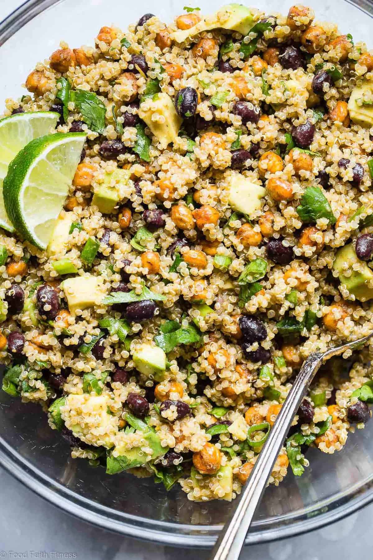 Mexican Quinoa Salad with Roasted Chickpeas  - This EASY quinoa salad is going to be your new favorite side or potluck recipe! It's healthy, gluten free, vegan friendly and CRAZY YUMMY! The Jalapeno lime dressing is EVERYTHING. | #Foodfaithfitness | #Vegan #Healthy #GlutenFree #Dairyfree #Quinoa