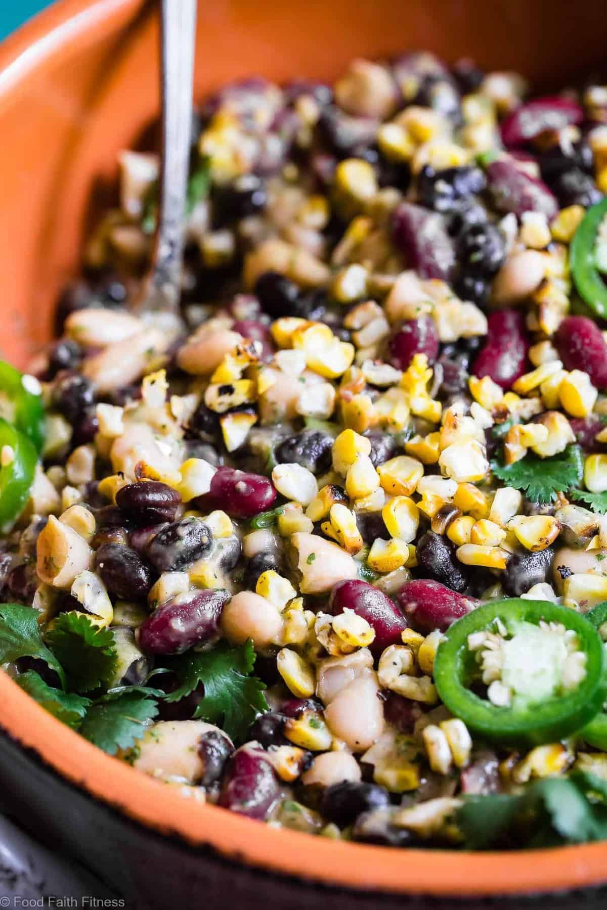 Three Bean Mexican Corn Black Bean Salad - This quick and easy, healthy three bean salad has a Mexican twist with an avocado salsa dressing! It's the perfect Summer side and it's gluten free, vegan and only one Weight Watchers Freestyle point! | #Foodfaithfitness | #Glutenfree #Vegan #Weightwatchers #Healthy #July4th