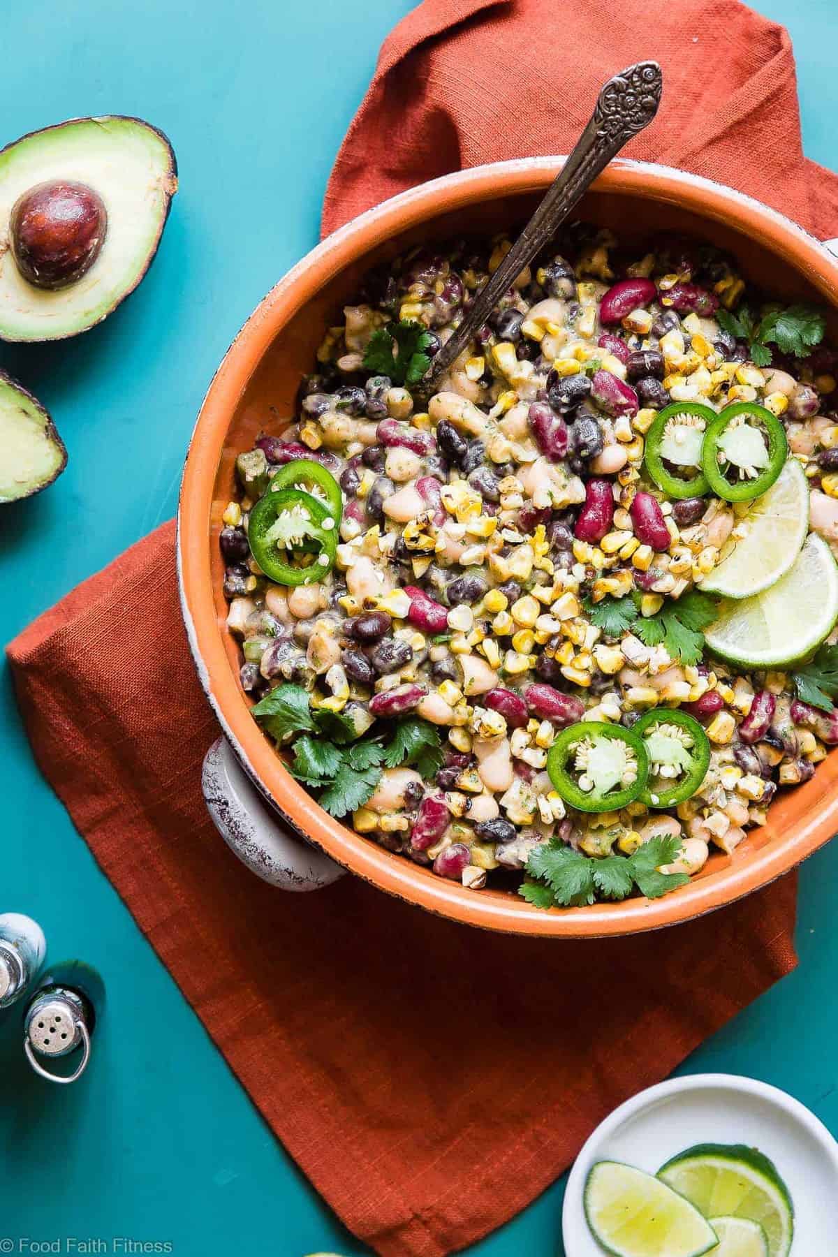 Three Bean Mexican Corn Black Bean Salad - This quick and easy, healthy three bean salad has a Mexican twist with an avocado salsa dressing! It's the perfect Summer side and it's gluten free, vegan and only one Weight Watchers Freestyle point! | #Foodfaithfitness | #Glutenfree #Vegan #Weightwatchers #Healthy #July4th