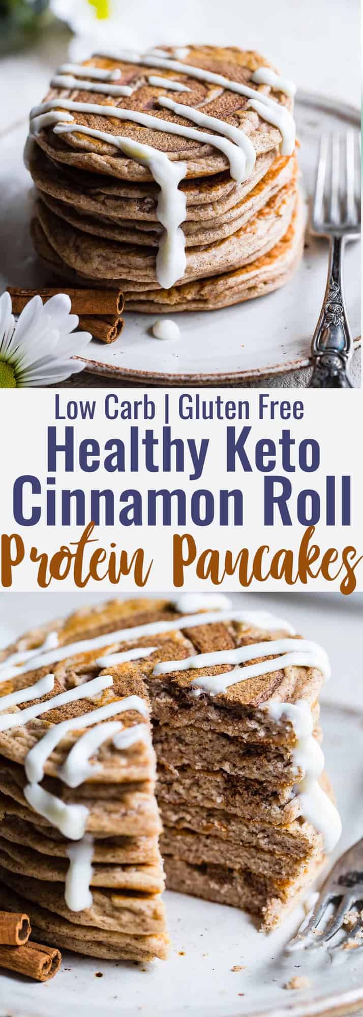 Cinnamon Roll Keto Protein Pancakes - This EASY, low carb, gluten free protein pancakes recipe is going to be your new favorite breakfast! Great for kids and adults and packed with 23g of protein! Who doesn't want to wake up to healthy cinnamon rolls?! | #Foodfaithfitness | #Keto #Lowcarb #Glutenfree #Healthy #Pancakes