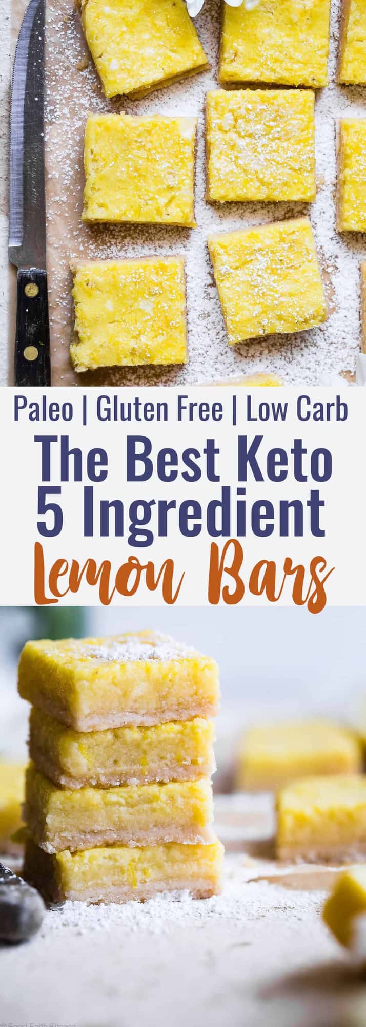 Keto Lemon Bars - These easy, gluten free lemon bars are only 5 ingredients and SO delicious! You will never believe they are only 100 calories, low carb and sugar free! | #Foodfaithfitness | #Glutenfree #Lowcarb #keto #sugarfree #healthy