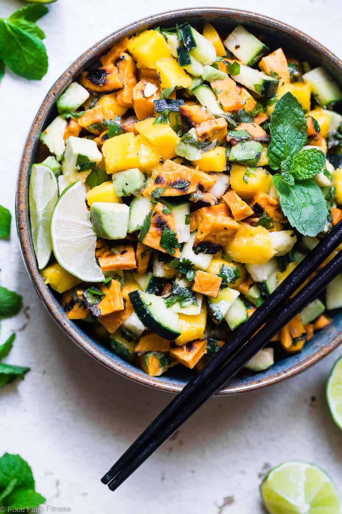 Thai Mango Avocado Salad with Grilled Sweet Potatoes - Loaded with sweet mango, tangy lime juice and creamy avocado, this is an EASY, healthy summer side that is sure to please! Gluten free, vegan, paleo and whole30 friendly too! | #Foodfaithfitness | #Whole30 #Glutenfree #Vegan #Paleo #Dairyfree