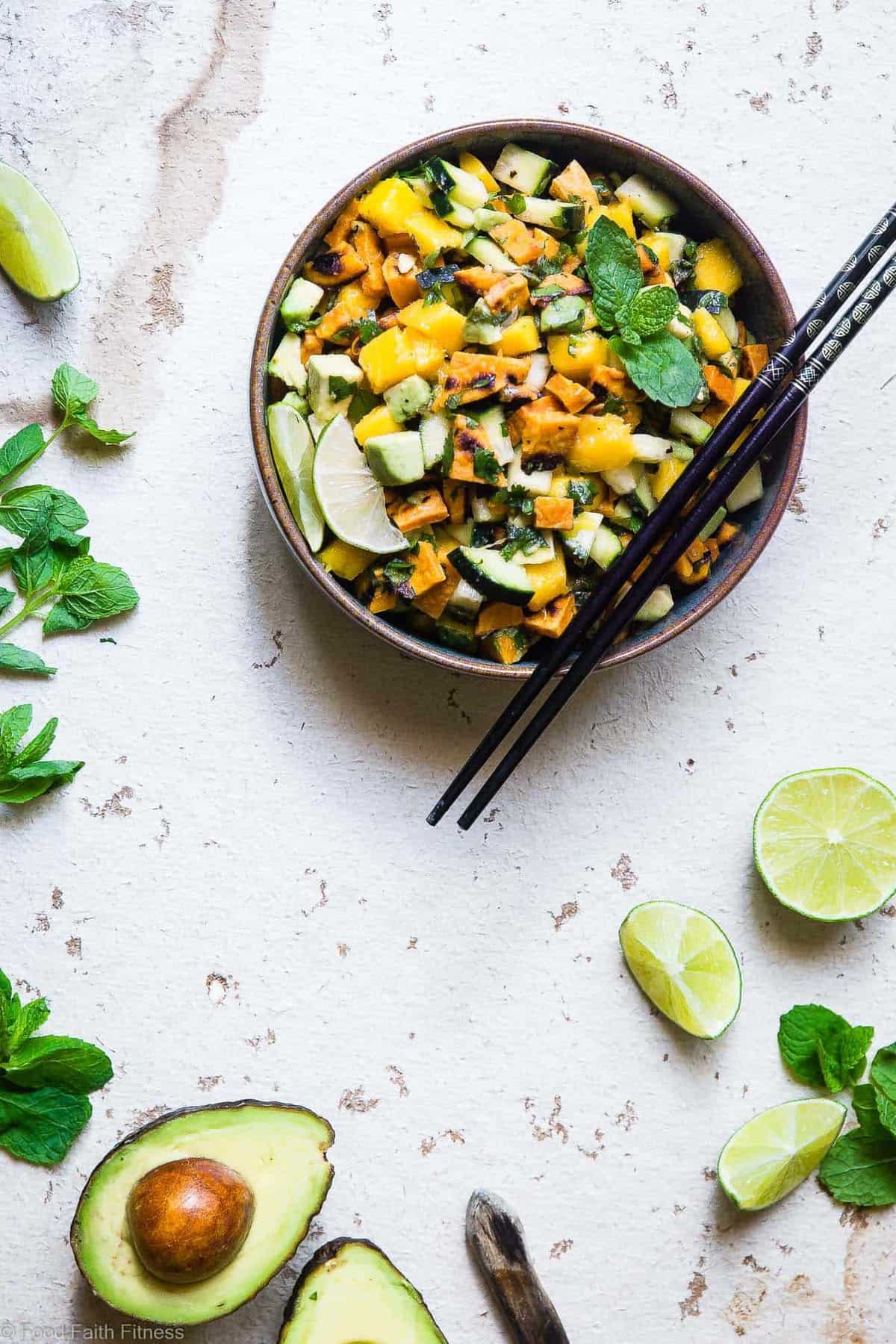 Thai Mango Avocado Salad with Grilled Sweet Potatoes - Loaded with sweet mango, tangy lime juice and creamy avocado, this is an EASY, healthy summer side that is sure to please! Gluten free, vegan, paleo and whole30 friendly too! | #Foodfaithfitness | #Whole30 #Glutenfree #Vegan #Paleo #Dairyfree