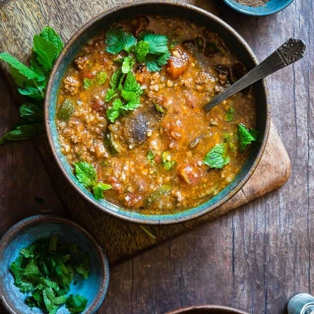 Moroccan Instant Pot Hearty Vegetable Beef Soup - A quick and easy, COZY, 30 minute dinner with a taste of the Middle East! Gluten free, low carb, paleo/whole30 compliant and so filling for only 220 calories!| #Foodfaithfitness | #Glutenfree #Paleo #Whole30 #Lowcarb #Instantpot