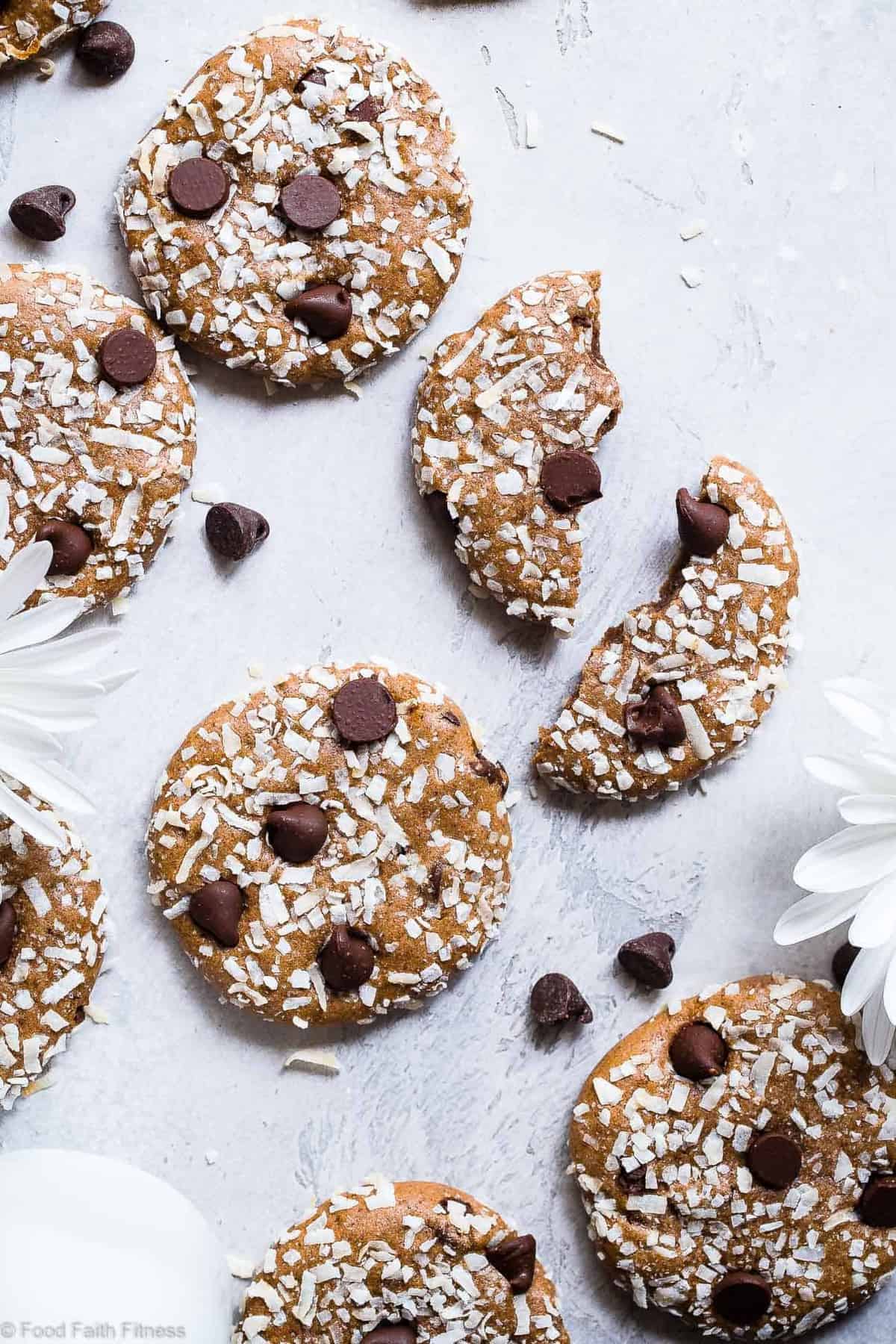 Almond Chocolate Chip Coconut Protein Cookies - This EASY protein cookie recipe use almond butter to make them extra soft and chewy! You will never know these are gluten free, healthy and packed with protein! | #Foodfaithfitness | #Glutenfree #Healthy #Cookies #Coconut #ChocolateChip
