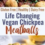 Gluten Free Vegan Chickpea Meatballs with Tomato Sauce - These meatless, gluten free meatballs are SO crispy, they will blow your mind! Serve them with an easy tomato sauce for a tasty, healthy dinner that's packed with plant protein and fiber! | #Foodfaithfitness | #Vegan #Glutenfree #Healthy #Vegetarian #Dairyfree
