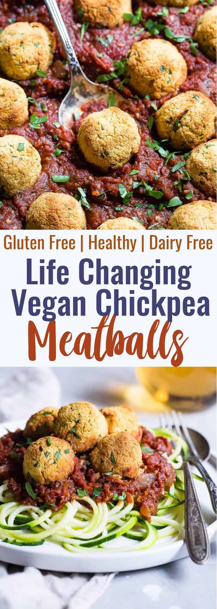 Gluten Free Vegan Chickpea Meatballs with Tomato Sauce - These meatless, gluten free meatballs are SO crispy, they will blow your mind! Serve them with an easy tomato sauce for a tasty, healthy dinner that's packed with plant protein and fiber! | #Foodfaithfitness | #Vegan #Glutenfree #Healthy #Vegetarian #Dairyfree