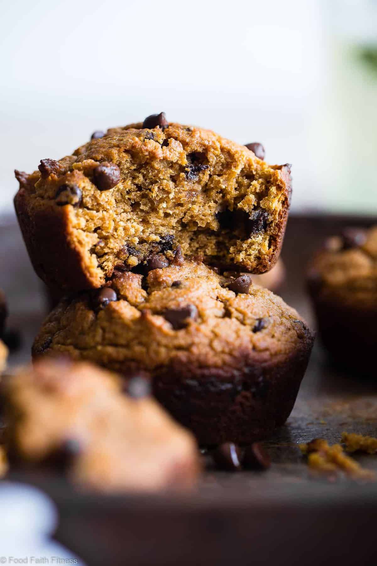 Gluten Free Spiced Chocolate Chip Sweet Potato Muffins - These healthy gluten free sweet potato muffins are packed with spicy-sweetness and lots of chocolate chips! Paleo friendly, made in one bowl and SO fluffy! | #Foodfaithfitness | #Glutenfree #Healthy #Paleo #Dairyfree #Muffins