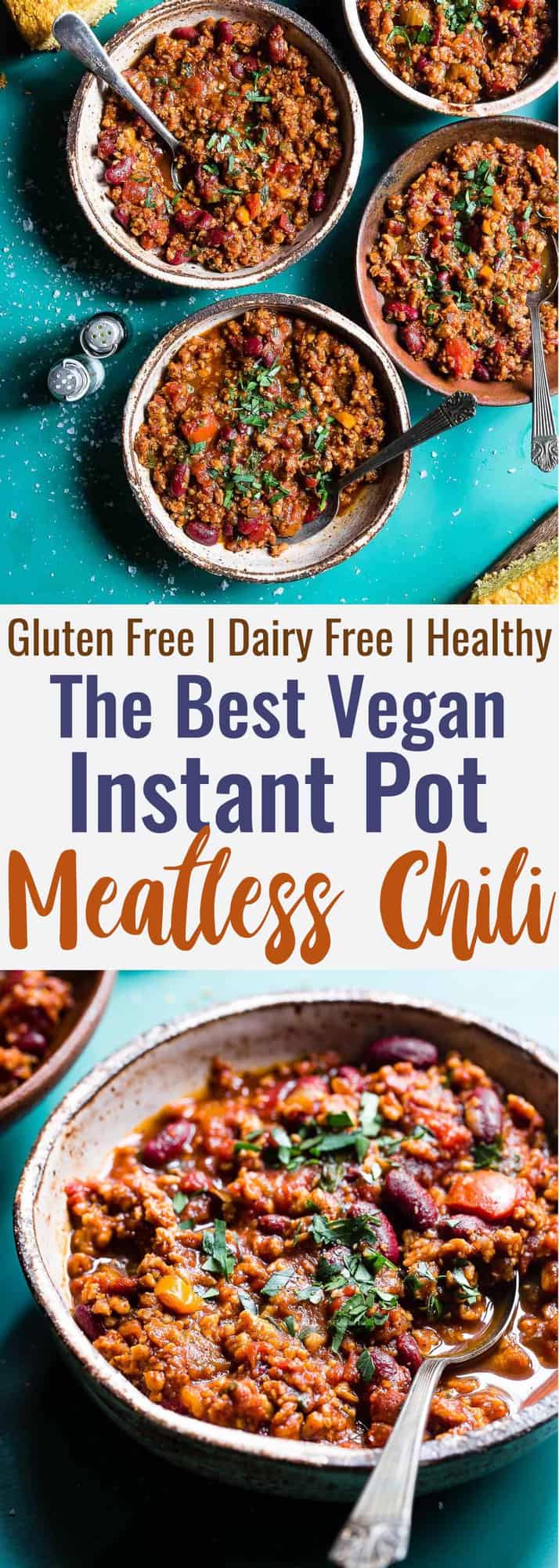 Instant Pot Meatless Vegan Chili -  You will NEVER believe that this is a vegetarian chili recipe! It's a healthy, gluten free weeknight meal that is ready in only 30 minutes! Even meat-eaters are going to LOVE this recipe! | #Foodfaithfitness | #Vegan #Vegetarian #Chili #Instantpot #healthy