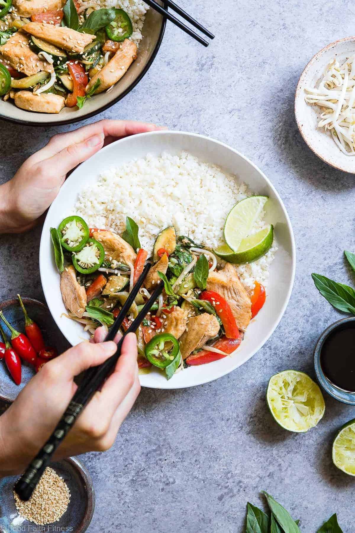Spicy Thai Basil Chicken Stir Fry - This Thai chicken with basil stir fry is a 20 minute, healthy, gluten free dinner that is paleo friendly, lower carb and only 300 calories! It will be your new go to weeknight meal! | #Foodfaithfitness | #Glutenfree #Paleo #Lowcarb #Healthy #DairyFree