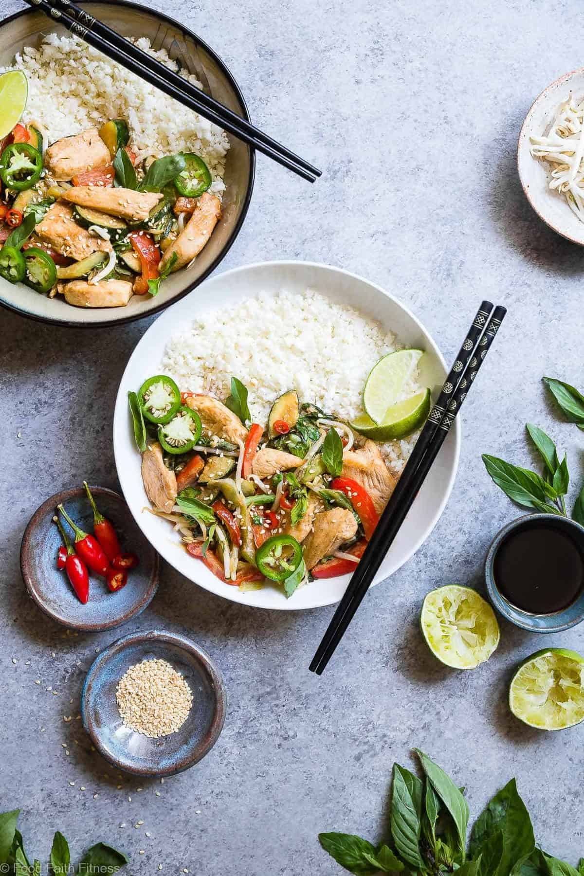 Spicy Thai Basil Chicken Stir Fry - A 20 minute, healthy, gluten free dinner that is paleo friendly, lower carb and only 300 calories! It will be your new go to weeknight meal! | #Foodfaithfitness | #Glutenfree #Paleo #Lowcarb #Healthy #DairyFree