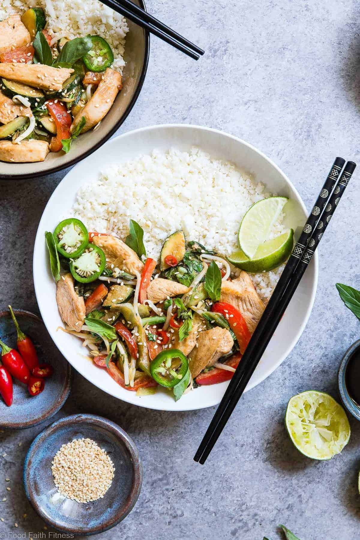 Spicy Thai Basil Chicken Stir Fry - A 20 minute, healthy, gluten free dinner that is paleo friendly, lower carb and only 300 calories! It will be your new go to weeknight meal! | #Foodfaithfitness | #Glutenfree #Paleo #Lowcarb #Healthy #DairyFree