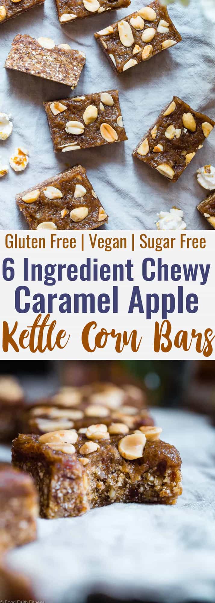 Salty Sweet Caramel Apple Kettle Corn Bars - Made with date caramel, dried apples and a punch of salty kettle corn, these easy, CHEWY, no-bake bars are addictingly salty-sweet!  Vegan friendly and gluten and sugar free, but you would never know they're better for you! | #Foodfaithfitness | #Glutenfree #Vegan #Healthy #Sugarfree #Dairyfree