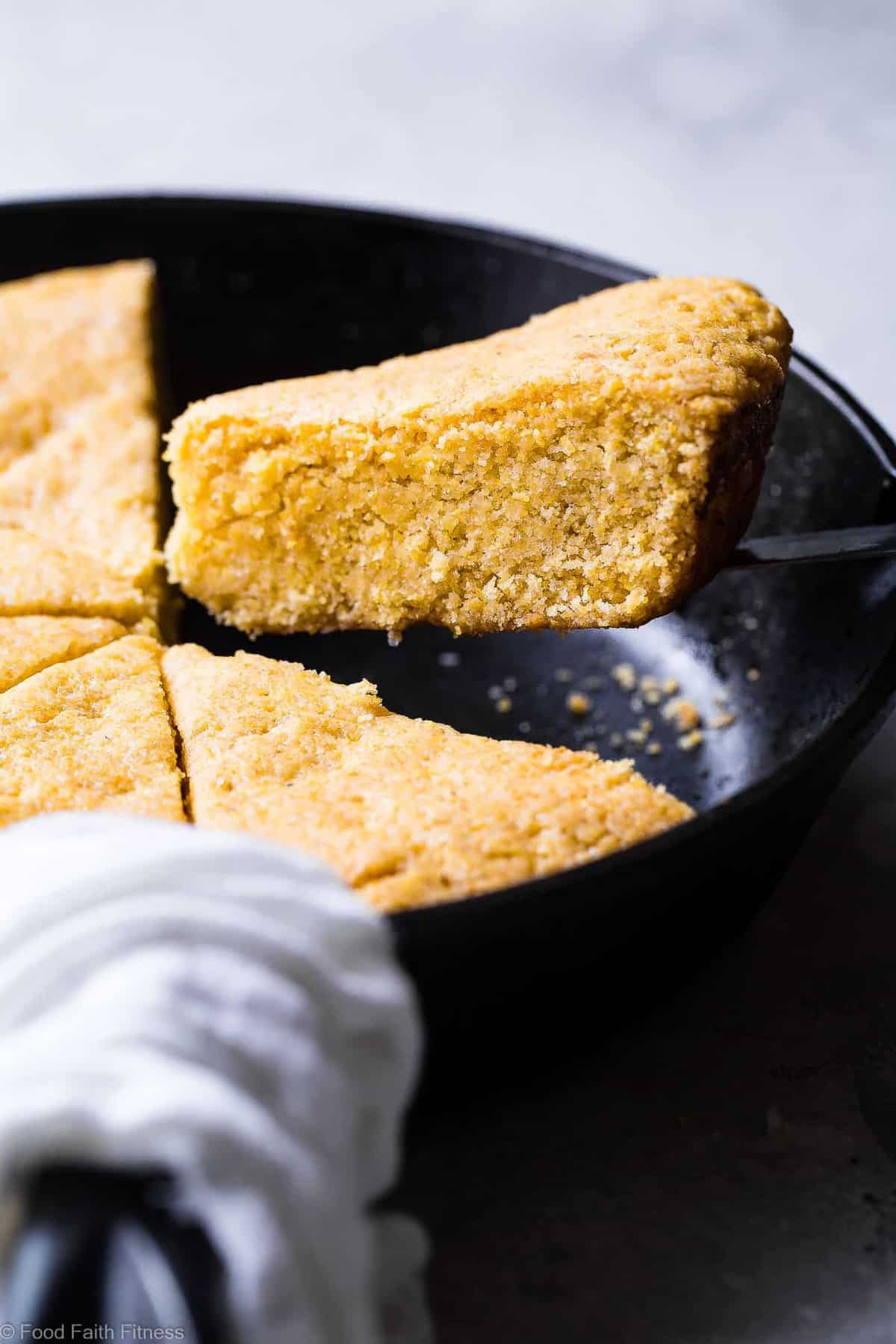 Easy Sweet Vegan Cornbread with Applesauce - This is the BEST gluten free, dairy free, egg free and vegan cornbread recipe! It's perfectly sweet, dense and SO chewy, you will never believe it's healthy and SO easy to make! | #Foodfaithfitness | #Glutenfree #Vegan #Dairyfree #Eggfree #Cornbread