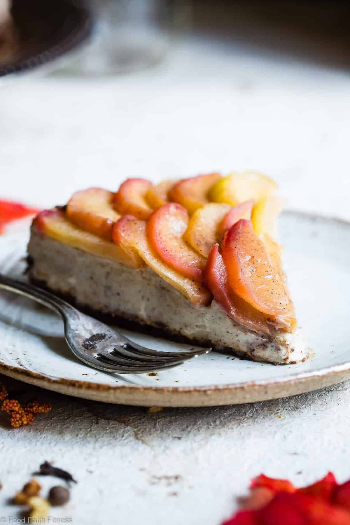 Honey Apple Goat Cheese Cheesecake - This creamy cheesecake is topped with cinnamon honey apples and is perfectly sweet and a little bit tangy! Gluten free, grain free and made with Greek yogurt to keep it light! My husband said it's the best dessert he has ever had! | #Foodfaithfitness | #Glutenfree #Cheesecake #Grainfree #Healthy #Goatcheese