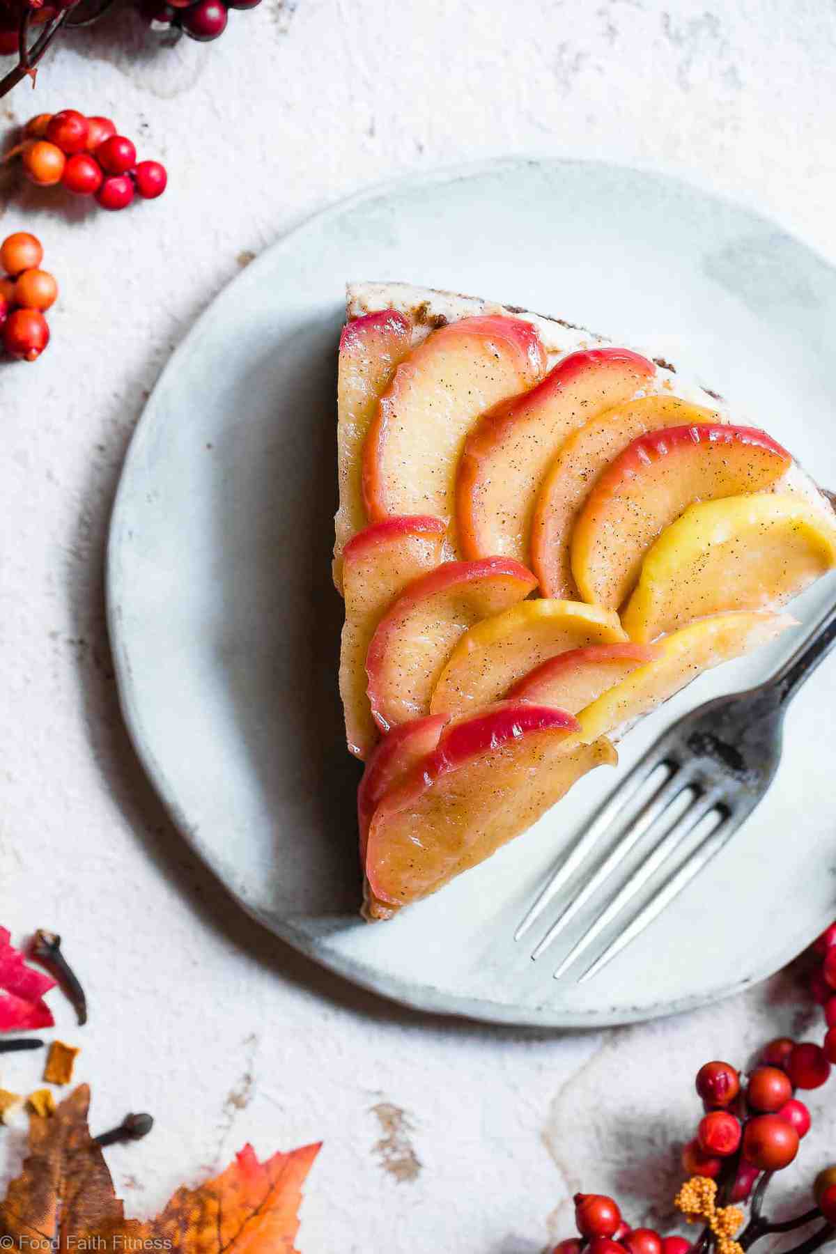 Honey Apple Goat Cheese Cheesecake - This creamy chevre cheesecake is topped with cinnamon honey apples and is perfectly sweet and a little bit tangy! Gluten free, grain free and made with Greek yogurt to keep it light! My husband said it's the best dessert he has ever had! | #Foodfaithfitness | #Glutenfree #Cheesecake #Grainfree #Healthy #Goatcheese