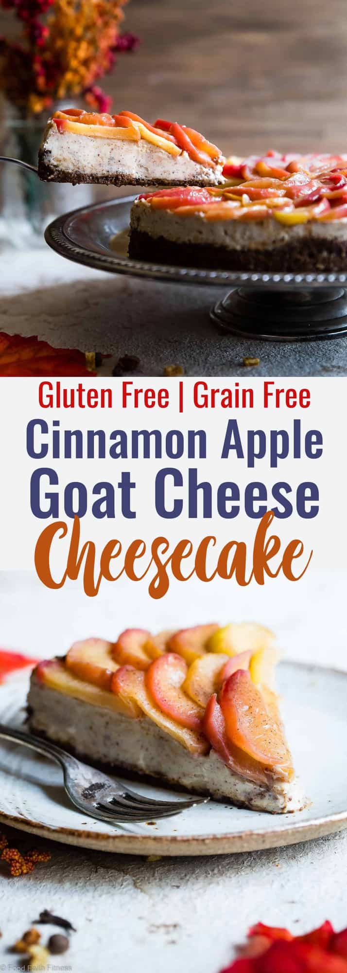 Honey Apple Goat Cheese Cheesecake - This creamy cheesecake is topped with cinnamon honey apples and is perfectly sweet and a little bit tangy! Gluten free, grain free and made with Greek yogurt to keep it light! My husband said it's the best dessert he has ever had! | #Foodfaithfitness | #Glutenfree #Cheesecake #Grainfree #Healthy #Goatcheese