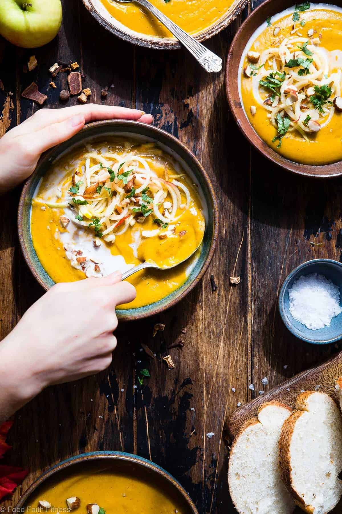 Slow Cooker Creamy Fall Vegan Sweet Potato Soup - this healthy slow cooker sweet potato soup recipe is made in the crock pot for an EASY weeknight dinner that is loaded with spicy-sweet, cozy flavor! Gluten free, paleo and SO creamy and delicious! | #Foodfaithfitness | #Paleo #Glutenfree #Vegan #Dairyfree #slowcooker