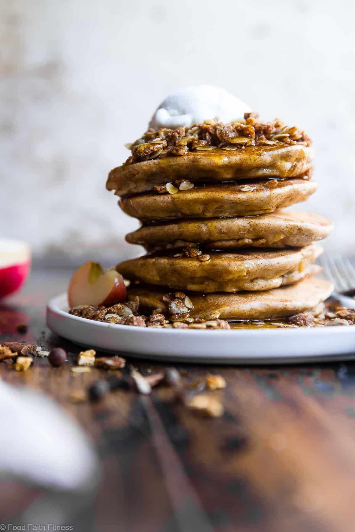 Apple Crisp Greek Yogurt Oatmeal Protein Pancakes - This Healthy easy Protein Pancake Recipe with Greek Yogurt taste like having apple crisp for breakfast! Gluten free, made from simple, wholesome ingredients and SO thick and fluffy! | #Foodfaithfitness | #Glutenfree #Dairyfree #Greekyogurt #Healthy #Pancakes