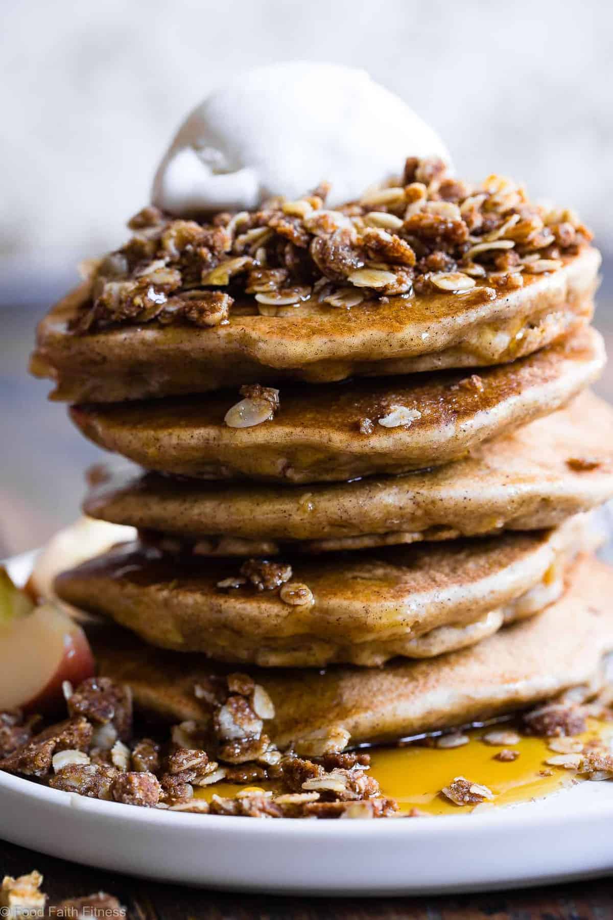 Apple Crisp Greek Yogurt Oatmeal Protein Pancakes - These Healthy Oatmeal Protein Pancakes with Greek Yogurt taste like having apple crisp for breakfast! Gluten free, made from simple, wholesome ingredients and SO thick and fluffy! | #Foodfaithfitness | #Glutenfree #Dairyfree #Greekyogurt #Healthy #Pancakes
