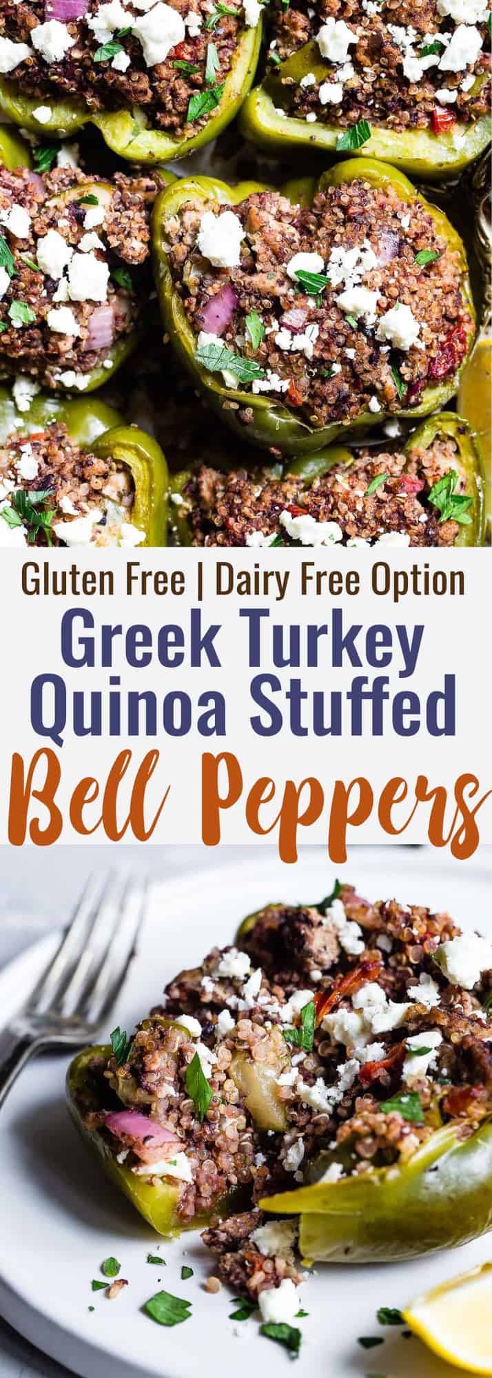 Greek Healthy Turkey Quinoa Stuffed Bell Peppers - These Turkey Quinoa Stuffed Bell Peppers are an easy, crowd-pleasing, weeknight dinner packed with Greek flavors! Healthy, gluten free, dairy free and SO delicious! | #Foodfaithfitness | #Glutenfree #Healthy #Quinoa #Dairyfree #Dinner