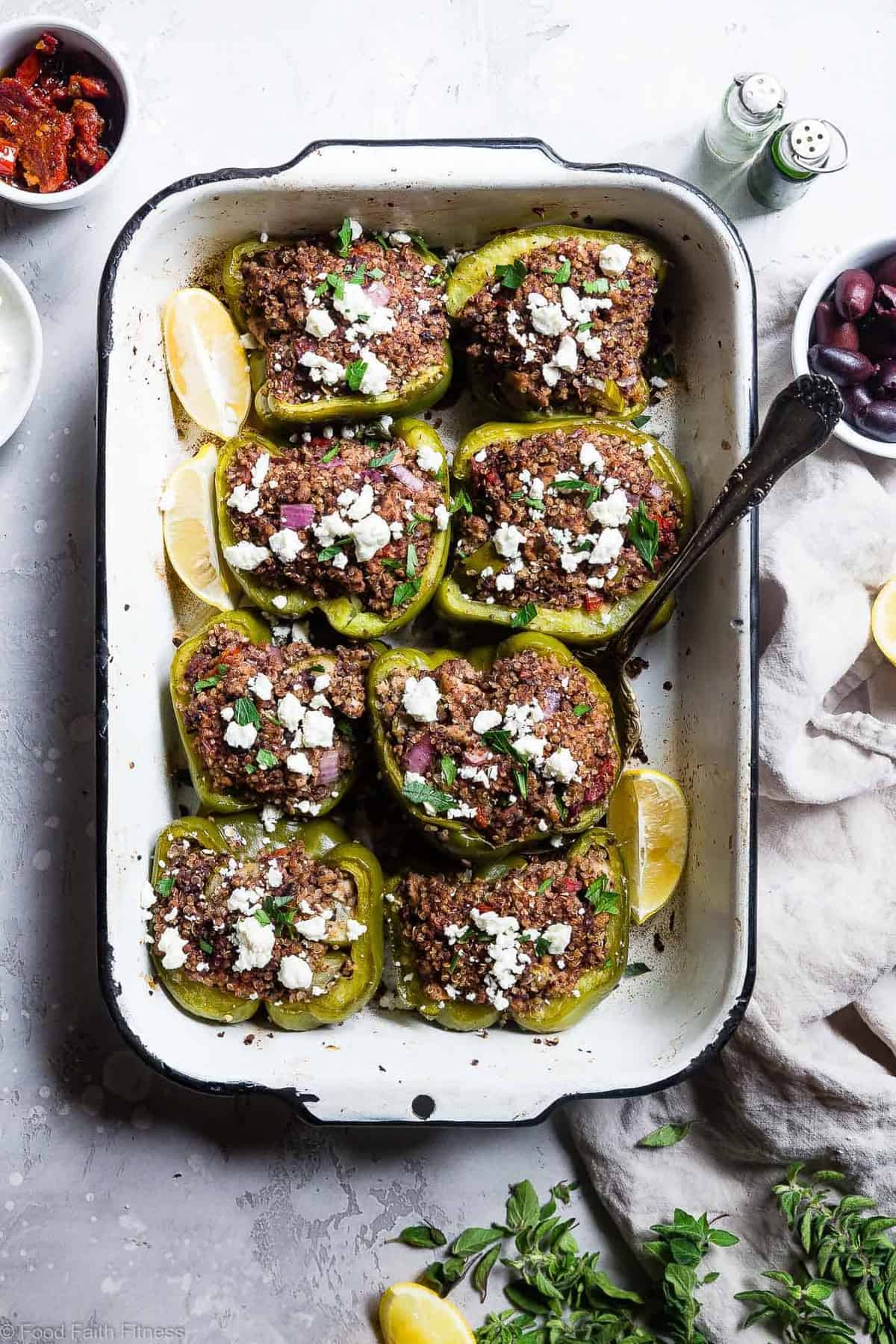 Greek Healthy Turkey Quinoa Stuffed Bell Peppers - These Turkey Quinoa Stuffed Bell Peppers are an easy, crowd-pleasing, weeknight dinner packed with Greek flavors! Healthy, gluten free, dairy free and SO delicious! The best quinoa stuffed peppers recipe! | #Foodfaithfitness | #Glutenfree #Healthy #Quinoa #Dairyfree #Dinner