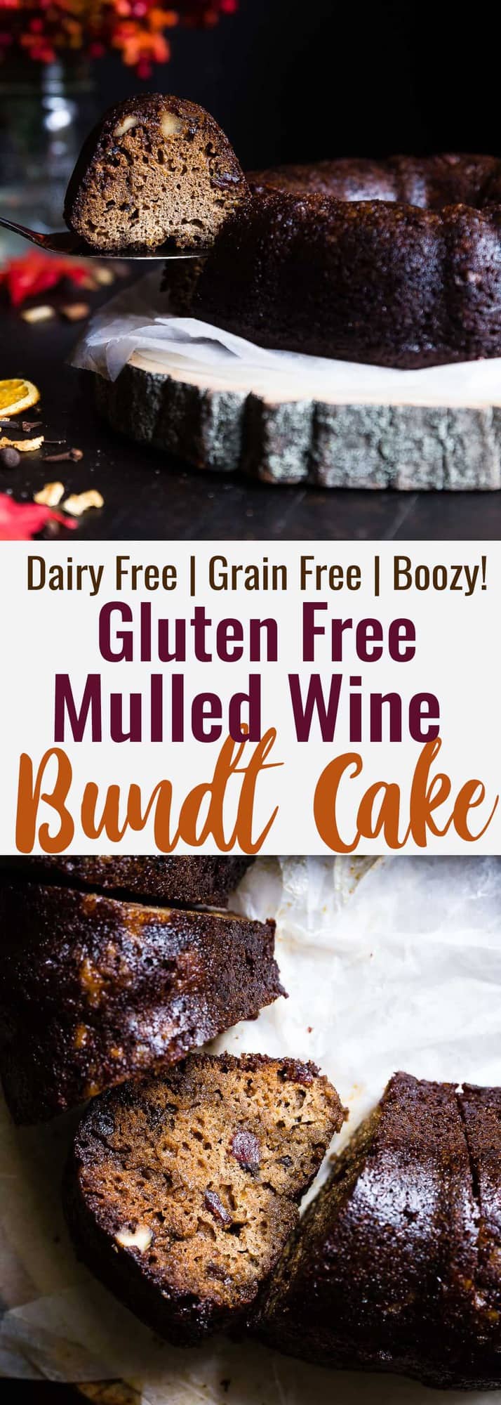 Gluten Free Mulled Wine cake - This better for you red wine cake has all the spicy, cozy flavors of the classic holiday drink! It's gluten/grain/dairy free and BOOZY! What more could you want? | #Foodfaithfitness | #Glutenfree #Grainfree #Dairyfree #Mulledwine #Cake