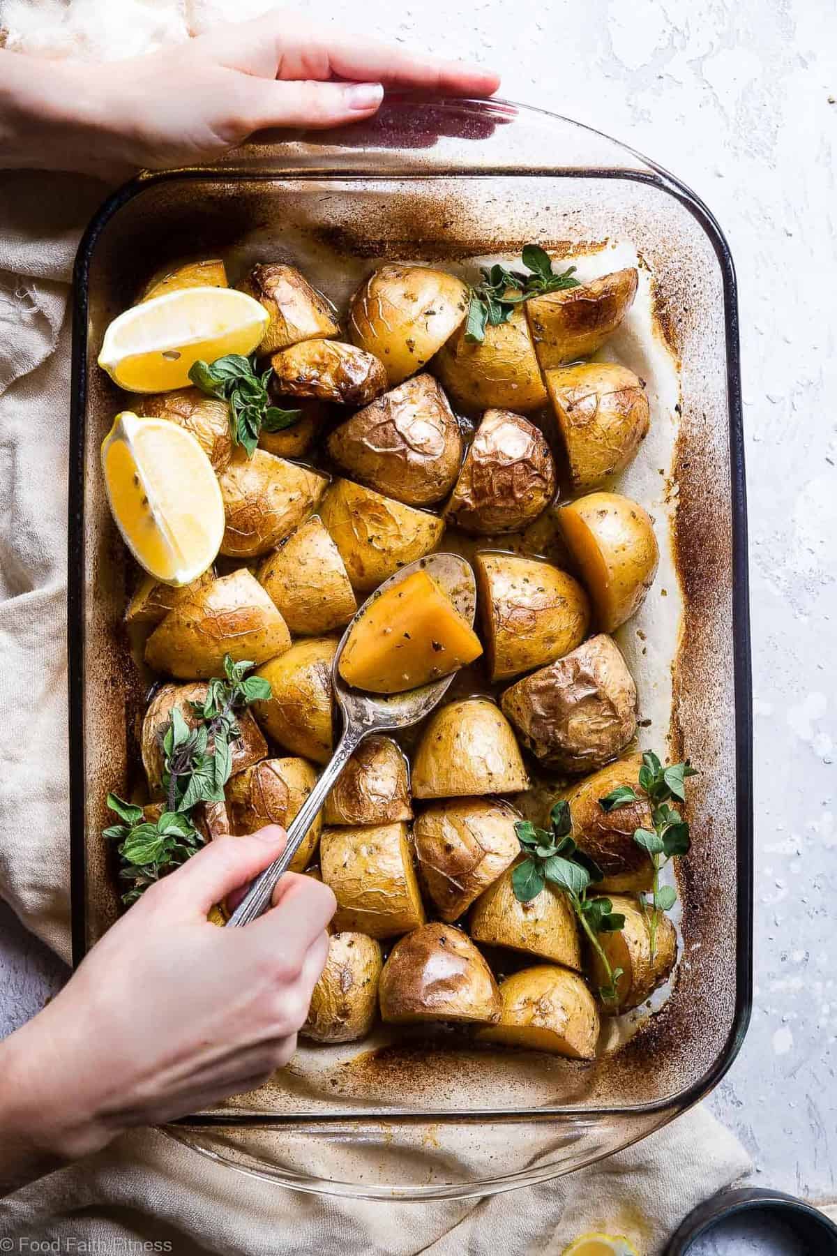 Oven Roasted Lemon Greek Potatoes - These are the BEST Oven Roasted Lemon Greek Potatoes! Tangy, zesty and so packed with flavor you will make them all the time! SO easy, whole30 complaint and vegan/ gluten free too! | #Foodfaithfitness | #Glutenfree #Vegan #Whole30 #Healthy #Dairyfree